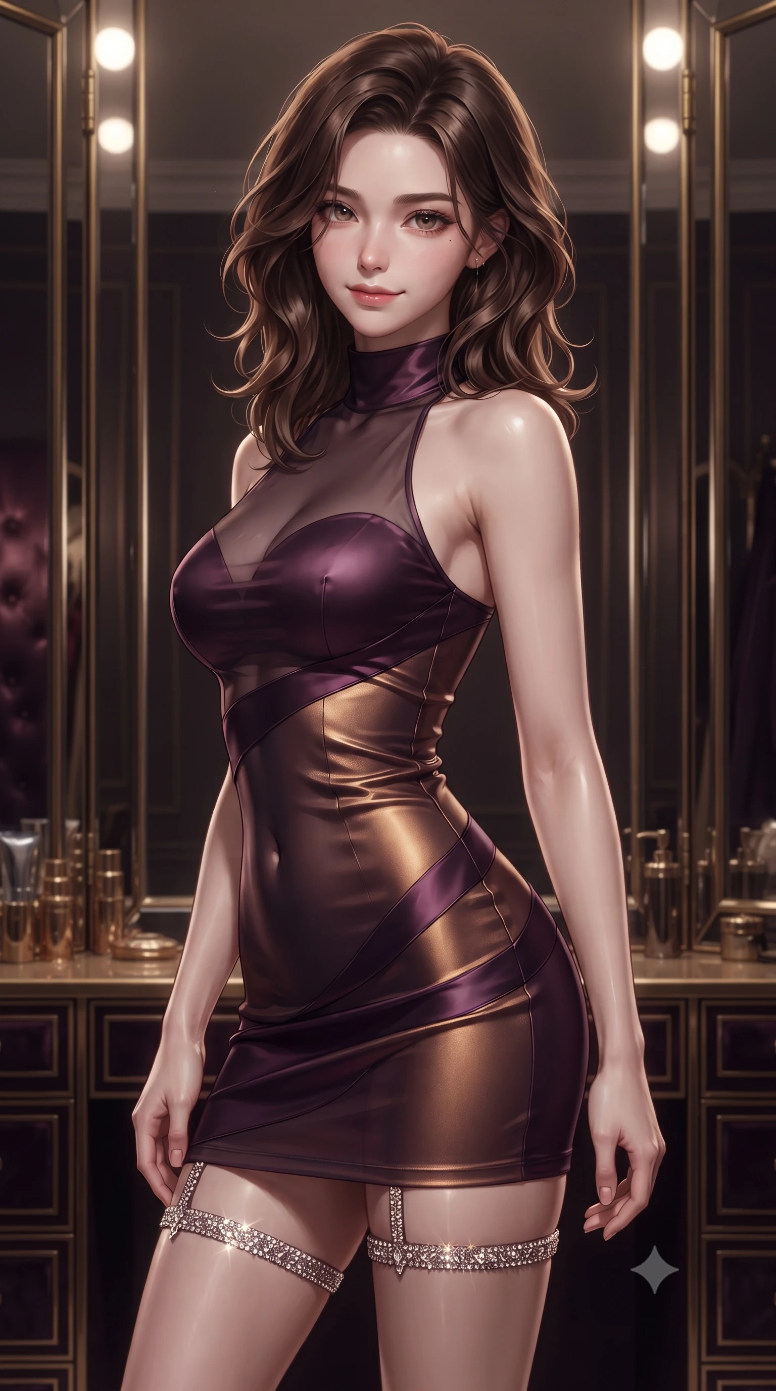 score_9, masterpiece, best quality, ultra-detailed, high-budget anime keyframe, editorial fashion photography, tasteful artistic composition, Korean woman. close-up cowboy shot from the waist and thighs up, the character dominates the composition, filling the frame with her large presence. turning slowly with an enchanting smoldering smile, her glossy hair tossing in the breeze as her hips angle gracefully in a captivating contrapposto while twisting her slender torso in an alluring S-curve, soft perimeter vanity lights sculpting her flat midriff, narrow waist, and curvy hips. The surrounding environment is rendered in vivid detail and crisp panoramic clarity: sharp glass mirror bevels, gilded brass mirror hinges, and velvet fabric tufting buttons in deep focus. She has an exceptionally elegant, slender, and willowy female figure with an ultra-slim waist, flat toned midriff, narrow ribcage, and sculpted feminine hips creating an alluring, slim hourglass silhouette without bulk. sharp v-shaped jawline, high-bridge nose, sparkling eyes with hypnotic seductive depth, thick curled eyelashes, glossy parted lips with a natural dewy peach sheen, alluring bedroom-eyes with an enchanting coquettish smile, exuding magnetic siren charisma and sophisticated glamour, flawlessly proportioned anatomical accuracy, strict slender model proportions, natural body alignment, perfectly sculpted long slender limbs, ultra-slim waistline, clean dynamic posture without body distortion. wearing a provocative high-neck sheer illusion cocktail dress with liquid satin ribbons contouring her curves in rich dark plum violet and gilded bronze, crafted from fluid liquid silk satin that clings smoothly to every curve with a dewy sheen, finished with delicate crystal-encrusted thigh garter straps glinting in the dim light, the glove-like clinging cut tightly following the natural contour of her hips and long slender legs with youthful 8.5-heads elegance. illuminated by mirror reflection bounce and sharp platinum-gold rim lights defining her delicate clavicles, narrow waist, and curvy hips. ultra-reflective glossy finish, specular highlights, rich textural contrasts, high-contrast stereoscopic depth, volumetric dynamic lighting, 2k, ultra detail, master piece, 9:16 ratio