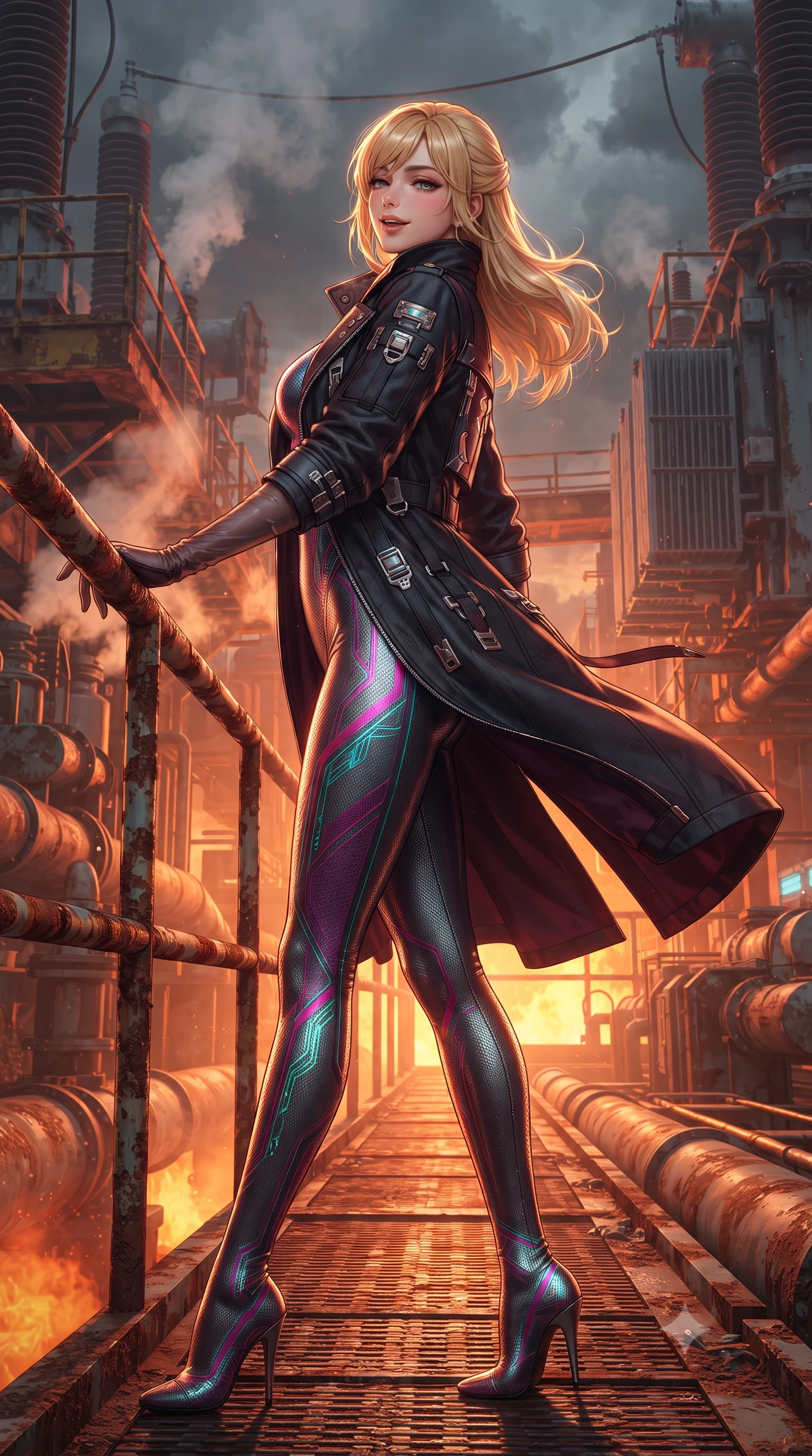 score_9, masterpiece, best quality, ultra-detailed, high-budget anime keyframe, editorial fashion photography, tasteful artistic composition, Caucasian woman. low angle full-body shot from head to toe showing her feet, filling the entire 9:16 vertical frame with her statuesque presence, stretching her vertical silhouette. executing a slow, graceful pivot turn as her skirt sways around her slender legs, glancing back with an enchanting, teasing sensual expression while leaning against the weathered industrial rail with hips cocked back, looking through rising volcanic steam at towering electrical transformers with heavy-lidded bedroom-eyes. The surrounding environment is rendered in vivid detail and crisp panoramic clarity: detailed tactical coat tailoring, metallic hardware accents, and brutalist oceanic engineering in razor-sharp precision. She has an exceptionally tall and slender model-like 8.5-heads proportion, an ultra-slim waist, a flat toned midriff, narrow delicate ribcage, and beautifully sculpted feminine hips creating a graceful, slim hourglass silhouette without any bulky heaviness, with impossibly long slender legs. sharp v-shaped jawline, high-bridge nose, intricate jewel-like sparkling eyes with depth, thick eyelashes, glossy parted lips with a natural peach sheen, bright cheerful beaming smile with an enchanting and coquettish sensual glint, exuding both youthful cute charm and seductive allure, flawlessly proportioned anatomical accuracy, strict slender model proportions, natural body alignment, perfectly sculpted long slender limbs, ultra-slim waistline, clean dynamic posture without body distortion. wearing a glove-like stretch carbon-fiber weave catsuit with metallic sheen outlining every millimeter of her statuesque 8.5-heads silhouette in Kowloon neon magenta and electric teal, tailored from high-density tech-wool with subtle metallic thread weave, complemented by sheer opera-length evening gloves tracing her slender arms, the bespoke structured tailoring following the natural line of her 8.5-heads silhouette with refined elegance. bathed in the intense warm 1800K radiant glow of incandescent magma contrasted with cold stormy sea spray. ultra-reflective glossy finish, specular highlights, rich textural contrasts, high-contrast stereoscopic depth, volumetric dynamic lighting, 2k, ultra detail, master piece, 9:16 ratio