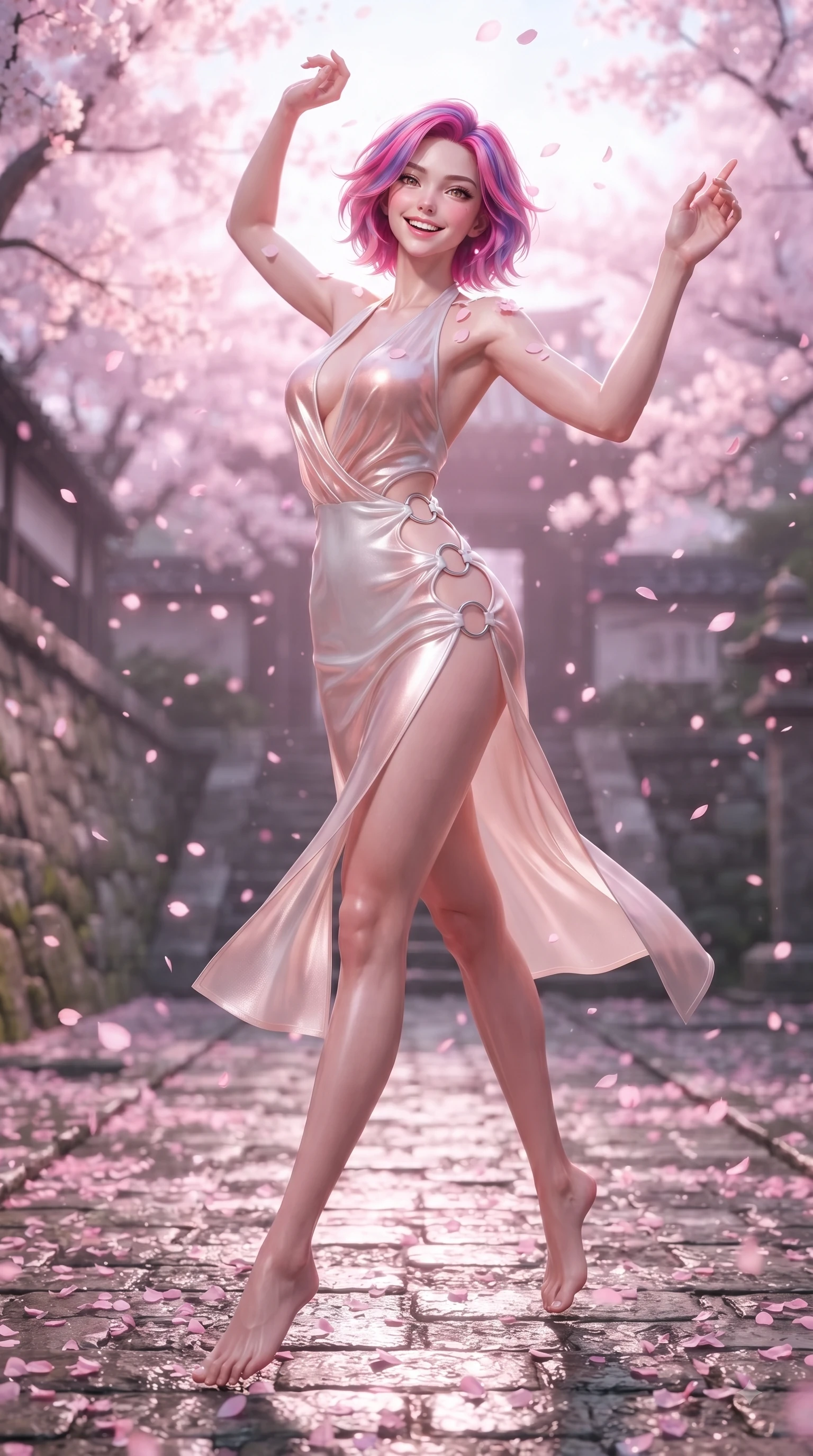 score_9, masterpiece, best quality, ultra-detailed, high-budget anime keyframe, editorial fashion photography, tasteful artistic composition, Caucasian woman. low angle full-body shot from head to toe showing her feet, filling the entire 9:16 vertical frame with her statuesque presence, stretching her vertical silhouette. performing a cheerful mid-air rotation with flawless poise, her radiant smile capturing fresh college girlhood energy while pivoting dynamically with a bright cute smile as pink sakura petals rain down like snow, floating sakura petals scattering across the cobblestone path and her shoulder. She has an absolutely perfect, statuesque 8.5-heads proportion, an exceptionally tall and slender model-like female figure with impossibly long slender legs and an ultra-slim waist. sharp v-shaped jawline, high-bridge nose, intricate jewel-like eyes with depth, thick eyelashes, glossy lips with a natural sheen, flawlessly proportioned anatomical accuracy, natural body alignment, perfectly sculpted elegant limbs, clean dynamic posture without body distortion. wearing a deep-scoop halter bodycon dress with hip cutouts connected by silver rings in pearl white and rose gold, woven from fine semi-opaque sheer organza, finished with a sleek side slit ascending to mid-thigh, the elegant draped fit framing her graceful clavicle and slender torso. illuminated by soft glowing pink ambient light and clear sky refractions. ultra-reflective glossy finish, specular highlights, metallic sheen, high-contrast stereoscopic depth, volumetric dynamic lighting, 2k, ultra detail, master piece, 9:16 ratio