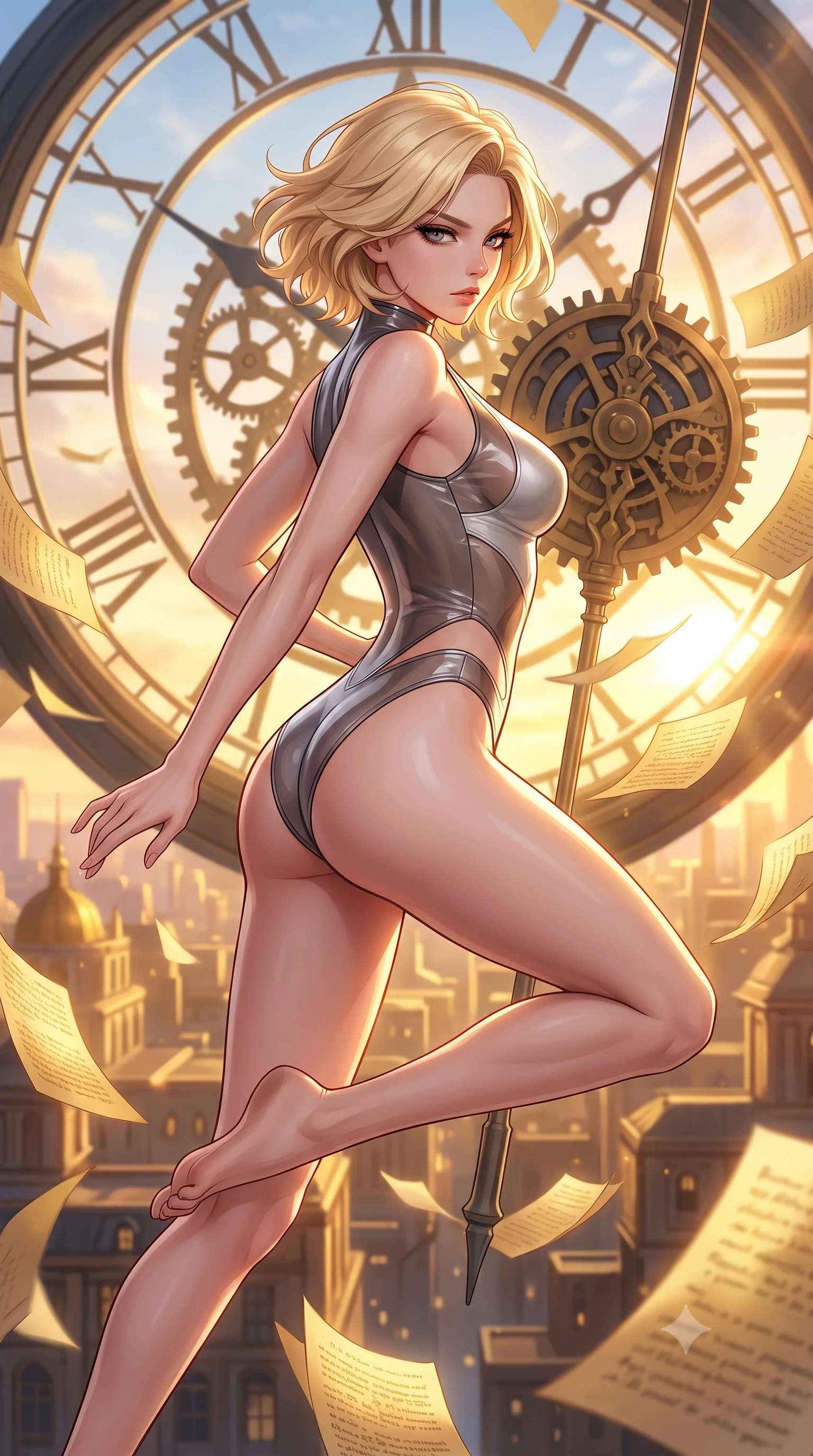 score_9, masterpiece, best quality, ultra-detailed, high-budget anime keyframe, editorial fashion photography, tasteful artistic composition, Caucasian woman. close-up cowboy shot from the waist and thighs up, the character dominates the composition, filling the frame with her large presence, background elements kept in soft focus. Pivoting sharply while looking back over her shoulder with heavy lashes and a confident, intense gaze while leaping through the arc of a massive mechanical clock pendulum swinging over a golden city, golden paper manuscript pages fluttering around her in a dynamic tempest breeze. She has an exceptionally elegant, slender, and willowy female figure with an ultra-slim waist, a gracefully sculpted slender torso, and a refined silhouette. sharp v-shaped jawline, high-bridge nose, intricate jewel-like eyes with depth, thick eyelashes, glossy lips with a natural sheen, flawlessly proportioned anatomical accuracy, natural body alignment, perfectly sculpted elegant limbs, clean dynamic posture without body distortion. wearing a high-cut translucent vinyl leotard with front paneling and open back in charcoal grey and platinum, crafted from smooth liquid silk, featuring subtle geometric cutouts that highlight her ultra-slim midriff, the form-contouring material highlighting her ultra-slim waist and long lines. illuminated by a brilliant golden hour glow filtering through clockwork dials. highly saturated vibrant anime colors, detailed shading with soft gradients, rich glossy textures, high-contrast stereoscopic depth, volumetric dynamic lighting, master piece, 9:16 ratio