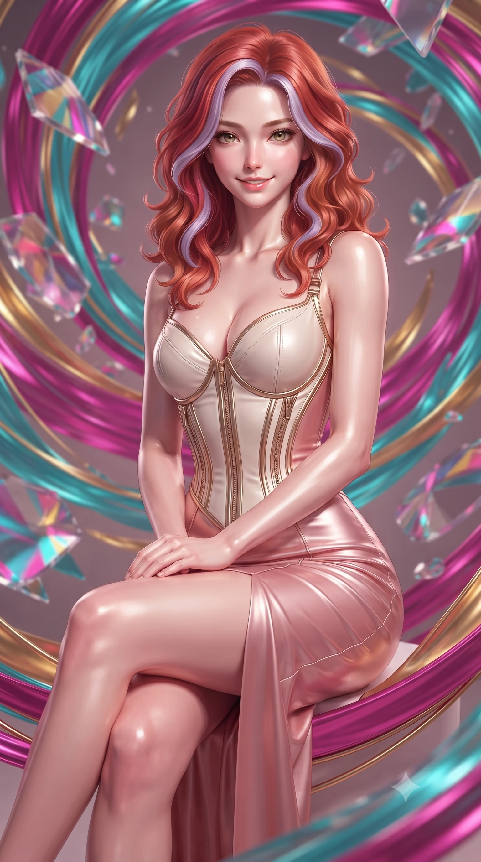 score_9, masterpiece, best quality, ultra-detailed, high-budget anime keyframe, editorial fashion photography, tasteful artistic composition, Caucasian woman. close-up cowboy shot from the waist and thighs up, the character dominates the composition, filling the frame with her large presence, background elements kept in soft focus. Smiling with quiet, magnetic self-assurance directly into the camera, surrounded by rotating shattered mirror sculptures reflecting bright acrylic colors, swirling ribbons of magenta, turquoise, and gold liquid paint in zero-gravity. She has an exceptionally elegant, slender, and willowy female figure with an ultra-slim waist, a gracefully sculpted slender torso, and a refined silhouette. sharp v-shaped jawline, high-bridge nose, intricate jewel-like eyes with depth, thick eyelashes, glossy lips with a natural sheen. wearing fitted opal-glazed silk maxi dress hugging every curve in rose-gold pink, made of polished ivory leather, finished with metallic gold boning and sleek zipper points, the fitted fabric emphasizing her ultra-slim waist. surrounded by a radiant glow of magenta and aqua fluid highlights. ultra-reflective glossy finish, specular highlights, metallic sheen, high-contrast stereoscopic depth, volumetric dynamic lighting, 2k, ultra detail, master piece, 9:16 ratio
