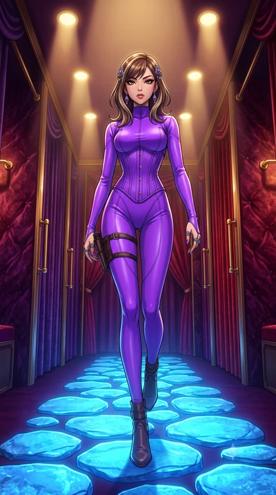 score_9, masterpiece, best quality, ultra-detailed, High-budget Anime Keyframe, East Asian woman. Low angle cowboy shot filling the entire 9:16 frame with her statuesque presence. Scenario 504: stepping across glowing azure stones in a velvet-lined d