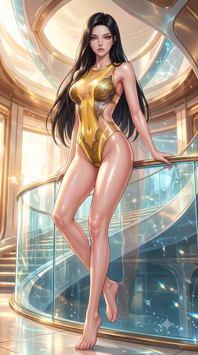 score_9, masterpiece, best quality, ultra-detailed, high-budget anime keyframe, semi-realistic 3D game render, editorial fashion photography, tasteful artistic composition, Korean woman. low angle full-body shot from head to toe showing her feet, fil