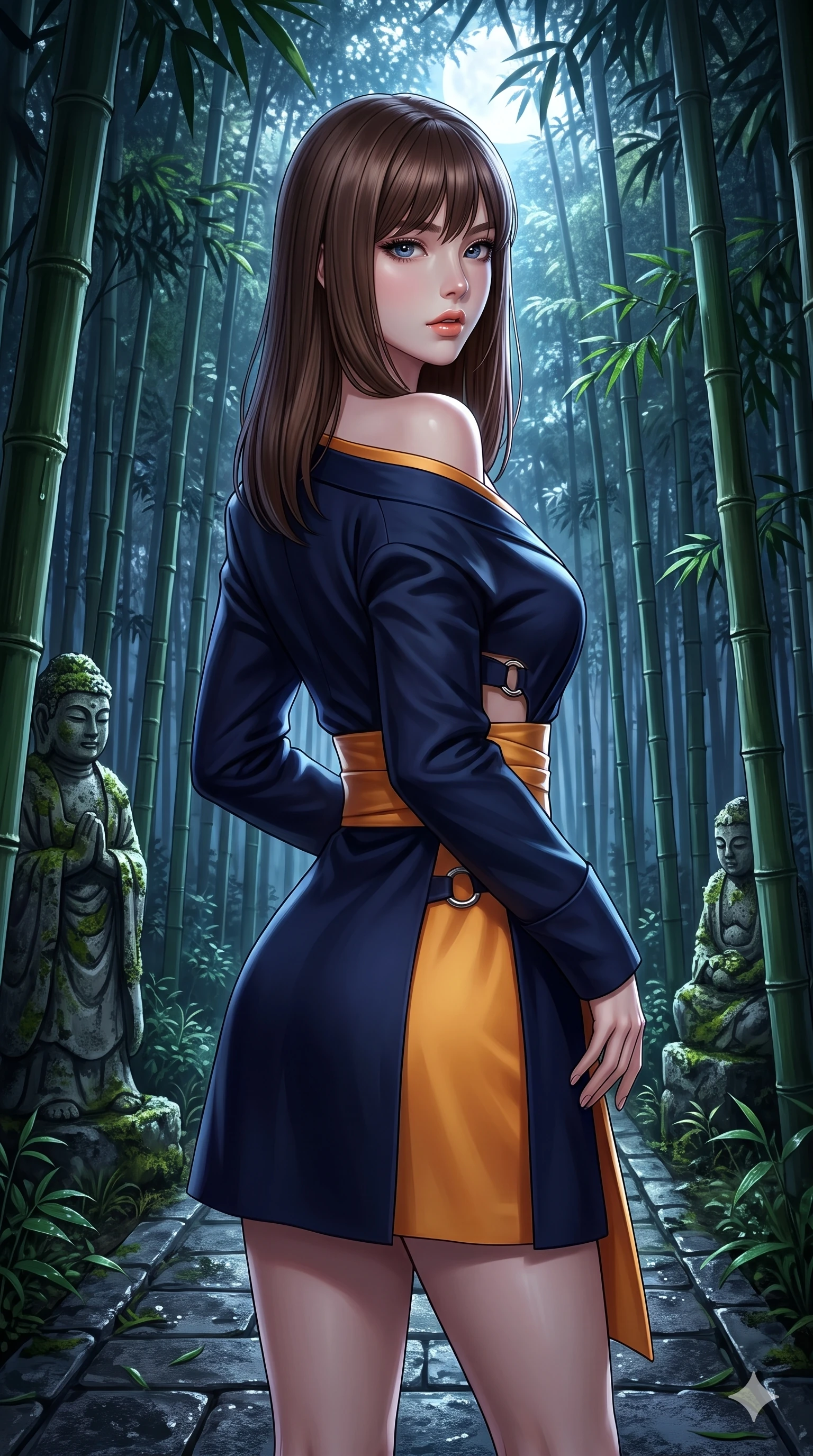 score_9, masterpiece, best quality, ultra-detailed, high-budget anime keyframe, semi-realistic 3D game render, editorial fashion photography, tasteful artistic composition, Korean woman. close-up cowboy shot from the waist and thighs up, the character dominates the composition, filling the frame with her large presence. posing in an alluring rear three-quarter angle, looking over a bare shoulder with parted glossy lips, her hips cocked back to highlight her slim hourglass curve while twisting her slender torso in an alluring contrapposto stance, moonlight filtering through bamboo leaves tracing her flat midriff. The surrounding environment is rendered in vivid detail and crisp panoramic clarity: sharp bamboo node rings, moss lichen on carved stone statues, and wet granite path paving in deep focus. She has an exceptionally elegant, slender, and willowy female figure with an ultra-slim waist, flat toned midriff, narrow ribcage, and sculpted feminine hips creating an alluring, slim hourglass silhouette without bulk. sharp v-shaped jawline, high-bridge nose, sparkling eyes with hypnotic seductive depth, thick curled eyelashes, glossy parted lips with a natural dewy peach sheen, alluring bedroom-eyes with an enchanting coquettish smile, exuding magnetic siren charisma and sophisticated glamour, flawlessly proportioned anatomical accuracy, strict slender model proportions, natural body alignment, perfectly sculpted long slender limbs, ultra-slim waistline, clean dynamic posture without body distortion. wearing a structured minimalist hanbok wrap coat dress with clean geometric lines and a wide formal sash in midnight indigo and glowing lantern topaz, tailored from heavy double-faced silk faille with an exceptionally fluid drape, accented with sculptural chrome hardware rings framing the subtle cutouts, the impeccably tailored cut draping gracefully along her slender figure with aristocratic eastern poise. bathed in crisp silver moonlight filtering down through dense bamboo canopies creating intricate linear shadows. highly saturated vibrant anime colors, detailed shading with soft gradients, rich glossy textures, high-contrast stereoscopic depth, volumetric dynamic lighting, master piece, 9:16 ratio