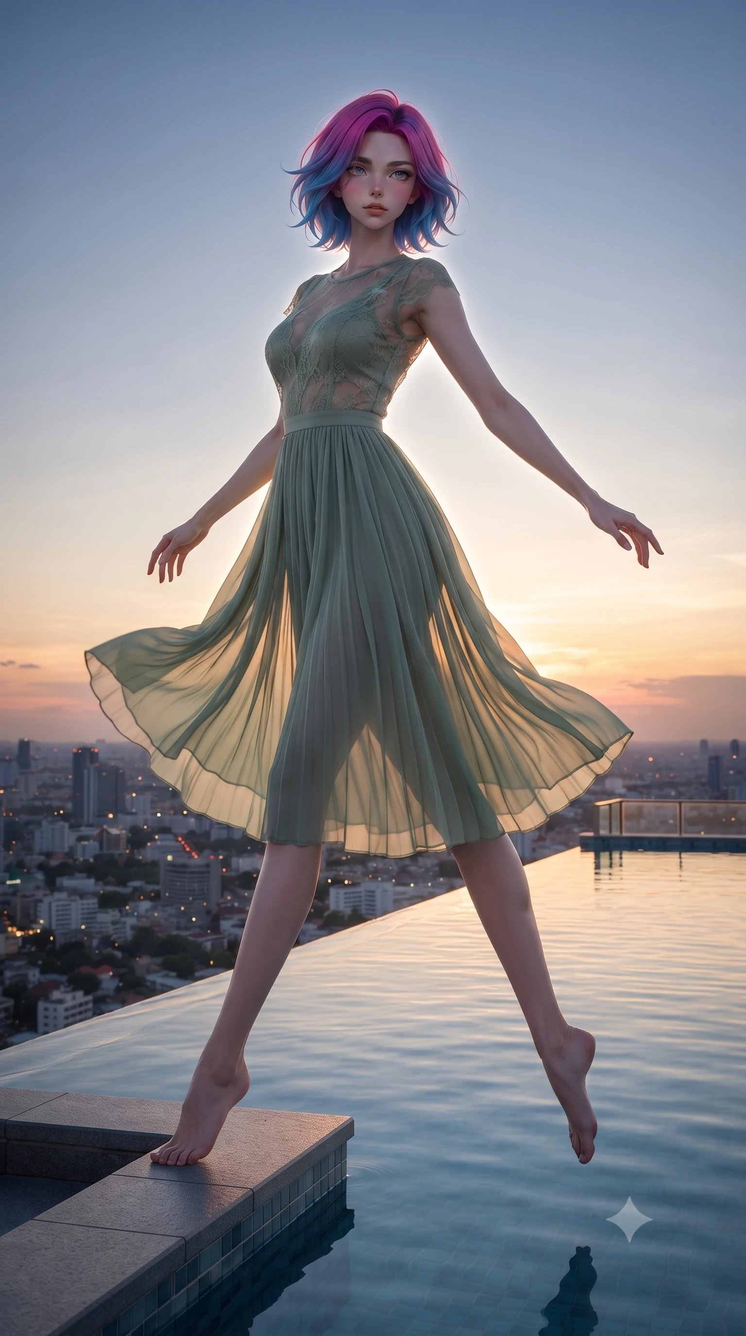 score_9, masterpiece, best quality, ultra-detailed, high-budget anime keyframe, editorial fashion photography, tasteful artistic composition, Caucasian woman, strictly human ears. low angle full-body shot from head to toe showing her feet, filling the entire 9:16 vertical frame with her statuesque presence, stretching her vertical silhouette. vaulting dynamically through standing at the vanishing edge of a rooftop infinity pool at twilight where the still water surface blends seamlessly into the sunset horizon creating the illusion of swimming into the sky. She has a statuesque 8.5-heads proportion, an exceptionally tall, slender and willowy model-like build with impossibly long legs and a highly sculpted ultra-slim waist. sharp v-shaped jawline, high-bridge nose, intricate jewel-like eyes with depth, thick eyelashes, glossy lips with a natural sheen. wearing a flowing midi dress in sage green featuring a sheer lace-overlay bodice and a soft pleated chiffon skirt. dramatic backlight creating a radiant halo effect around her entire silhouette. 2k, ultra detail, master piece, 9:16 ratio