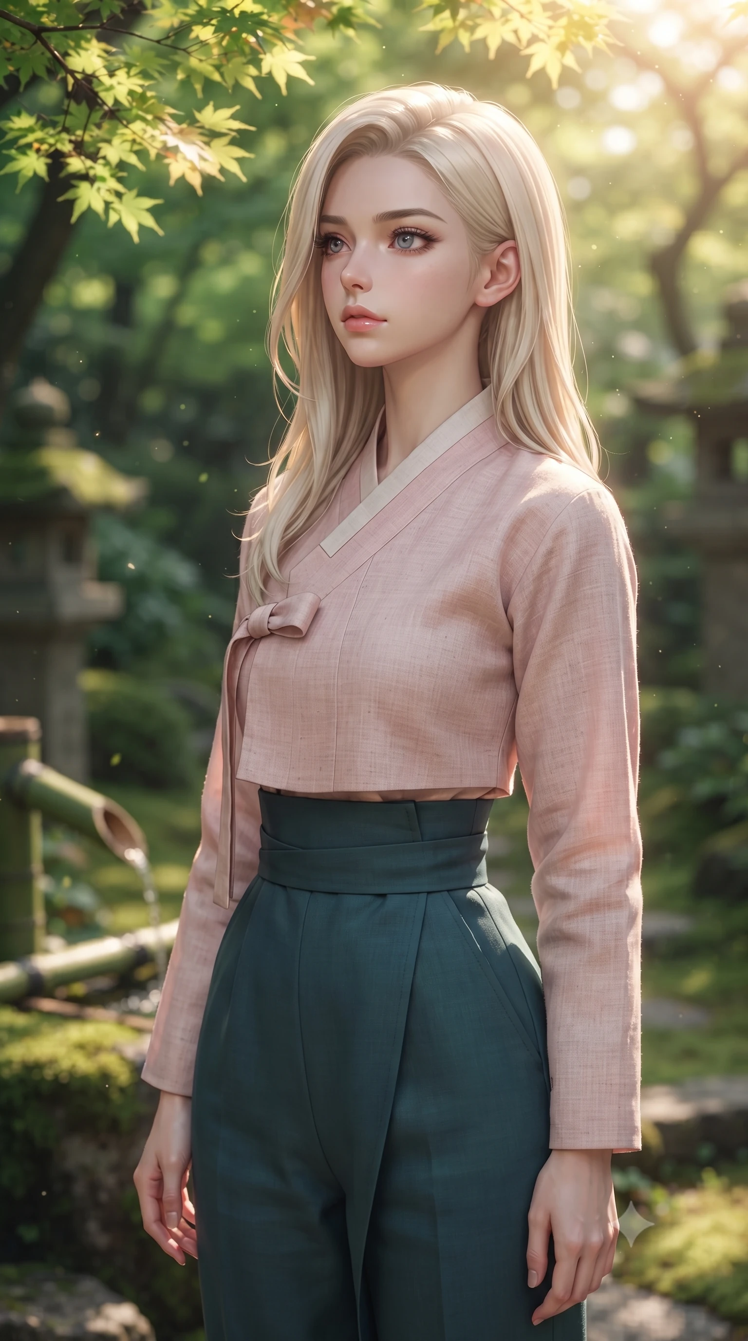 score_9, masterpiece, best quality, ultra-detailed, high-budget anime keyframe, editorial fashion photography, tasteful artistic composition, Caucasian woman woman. close-up cowboy shot from the waist and thighs up, the character dominates the composition, filling the frame with her large presence, background elements kept in soft focus. looking past the camera with a peaceful, thoughtful gaze, enjoying the warm sunlight the background shows a soft-focus a green moss garden of a traditional Zen temple, with stone lanterns and bamboo water pipes. She has an exceptionally elegant, slender, and willowy female figure with an ultra-slim waist, a gracefully sculpted slender torso, and a refined silhouette. sharp v-shaped jawline, high-bridge nose, intricate jewel-like eyes with depth, thick eyelashes, glossy lips with a natural sheen. wearing a form-contouring modern fusion hanbok outfit with a light pink linen jeogori and high-waisted wrap pants. soft, diffused green light filtering through the maple tree canopy. ultra-reflective glossy finish, specular highlights, metallic sheen, high-contrast stereoscopic depth, volumetric dynamic lighting, 2k, ultra detail, master piece, 9:16 ratio