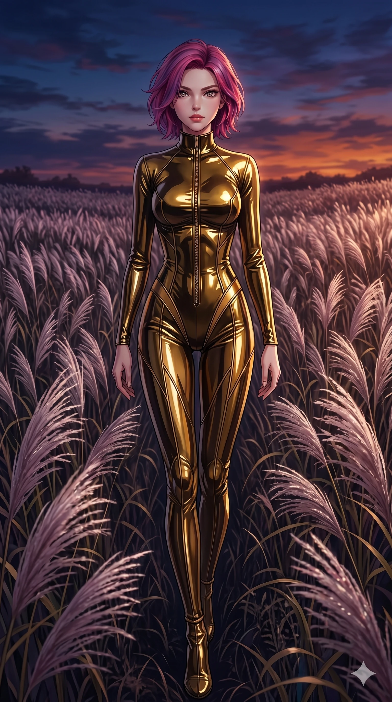 score_9, masterpiece, best quality, ultra-detailed, High-budget Anime Keyframe, East Asian woman. Dynamic full-body shot stretching the vertical silhouette to the limit. Scenario 118: Walking through a field of tall silver grass at twilight. Her presence is magnetic and overpowering in this high-budget anime scene. Outfit 118: A patent leather gold with a unzipped detail and tight-fitting silhouette. The clothing is designed to emphasize her exceptionally tall and slender 8-heads proportion. 8-heads proportion, towering silhouette, ultra-slim waist. sharp v-shaped jawline, intricate jewel-like eyes with depth, thick eyelashes, glossy lips. 2k, ultra detail, master piece, 9:16 ratio