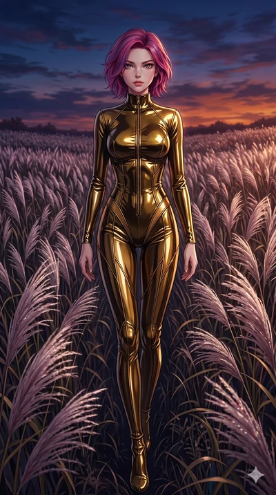 score_9, masterpiece, best quality, ultra-detailed, High-budget Anime Keyframe, East Asian woman. Dynamic full-body shot stretching the vertical silhouette to the limit. Scenario 118: Walking through a field of tall silver grass at twilight. Her pres