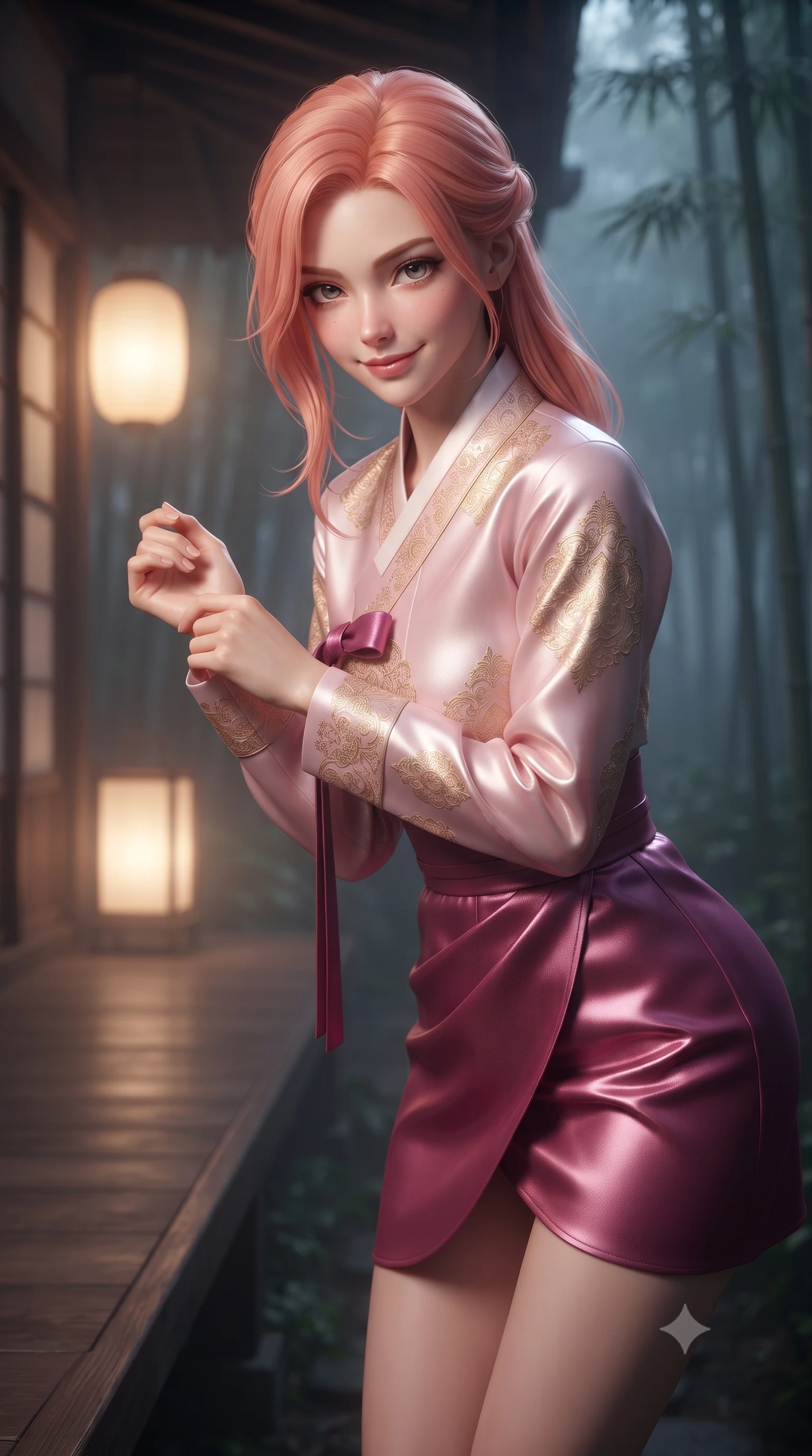 score_9, masterpiece, best quality, ultra-detailed, high-budget anime keyframe, editorial fashion photography, tasteful artistic composition, Japanese woman. close-up cowboy shot from the waist and thighs up, the character dominates the composition, filling the frame with her large presence, background elements kept in soft focus. leaning slightly forward with a playful, teasing smile, her gaze locked onto the viewer the background shows a soft-focus the wooden veranda of a traditional house facing a misty bamboo grove at midnight. She has an exceptionally elegant, slender, and willowy female figure with an ultra-slim waist, a gracefully sculpted slender torso, and a refined silhouette. sharp v-shaped jawline, high-bridge nose, intricate jewel-like eyes with depth, thick eyelashes, glossy lips with a natural sheen. wearing a slim-fit modern fusion hanbok jeogori in light pink silk, paired with a high-waisted wrap skirt. soft morning mist diffusing the warm light of a paper lantern. ultra-reflective glossy finish, specular highlights, metallic sheen, high-contrast stereoscopic depth, volumetric dynamic lighting, 2k, ultra detail, master piece, 9:16 ratio