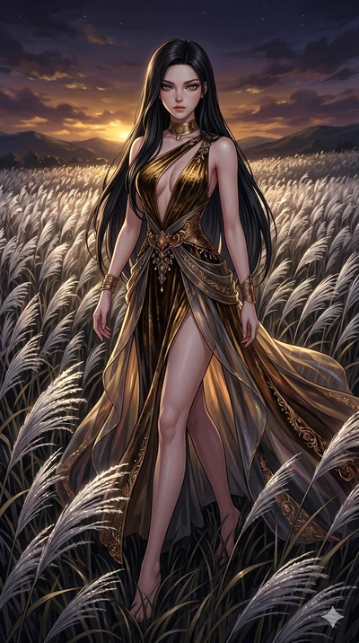 score_9, masterpiece, best quality, ultra-detailed, High-budget Anime Keyframe, East Asian woman. Dynamic full-body shot stretching the vertical silhouette to the limit. Scenario 68: Walking through a field of tall silver grass at twilight. Her prese