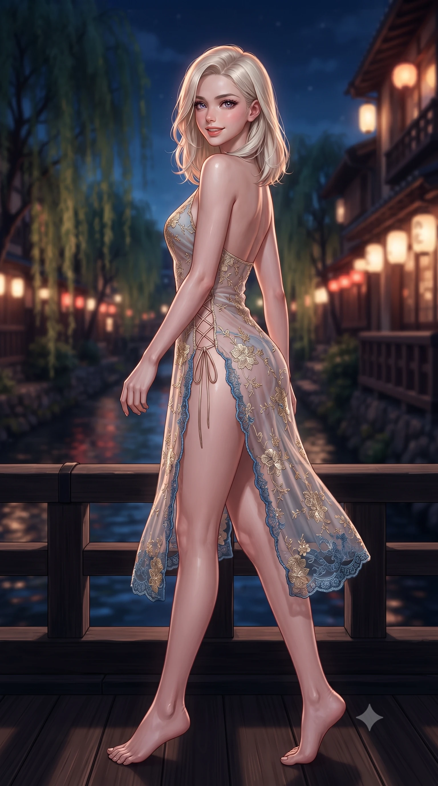 score_9, masterpiece, best quality, ultra-detailed, high-budget anime keyframe, editorial fashion photography, tasteful artistic composition, Caucasian woman. low angle full-body shot from head to toe showing her feet, filling the entire 9:16 vertical frame with her statuesque presence, stretching her vertical silhouette. walking along the terrace with poise, looking back over her bare shoulder with an irresistible smoldering bedroom-gaze while standing poised on the dark cedar balcony over the Kamogawa River, arching her lower back as nocturnal river breezes ripple through weeping willows. The background shows a soft-focus hanging paper lanterns softened in historic Kyoto riverfront nocturne shallow focus. She has an exceptionally tall and slender model-like 8.5-heads proportion, an ultra-slim waist, a flat toned midriff, narrow delicate ribcage, and beautifully sculpted feminine hips creating a graceful, slim hourglass silhouette without any bulky heaviness, with impossibly long slender legs. sharp v-shaped jawline, high-bridge nose, intricate jewel-like sparkling eyes with depth, thick eyelashes, glossy parted lips with a natural peach sheen, bright cheerful beaming smile with an enchanting and coquettish sensual glint, exuding both youthful cute charm and seductive allure, flawlessly proportioned anatomical accuracy, strict slender model proportions, natural body alignment, perfectly sculpted long slender limbs, ultra-slim waistline, clean dynamic posture without body distortion. wearing a gossamer sheer mesh slip dress with delicate gold embroidery and hip-high double side slits in Santorini whitewashed alabaster and Aegean caldera blue, made of delicate embroidered tulle lace with intricate floral motifs and soft transparency, featuring fine criss-cross lace-up side ties revealing tantalizing glimpses of her hip curve, the form-contouring silhouette accentuating her sculpted flat midriff, narrow delicate ribcage, and gracefully curvy hips with intoxicating allure. bathed in the romantic crimson-gold lantern glows contrasted with cool deep-blue midnight river reflections. ultra-reflective glossy finish, specular highlights, rich textural contrasts, high-contrast stereoscopic depth, volumetric dynamic lighting, 2k, ultra detail, master piece, 9:16 ratio