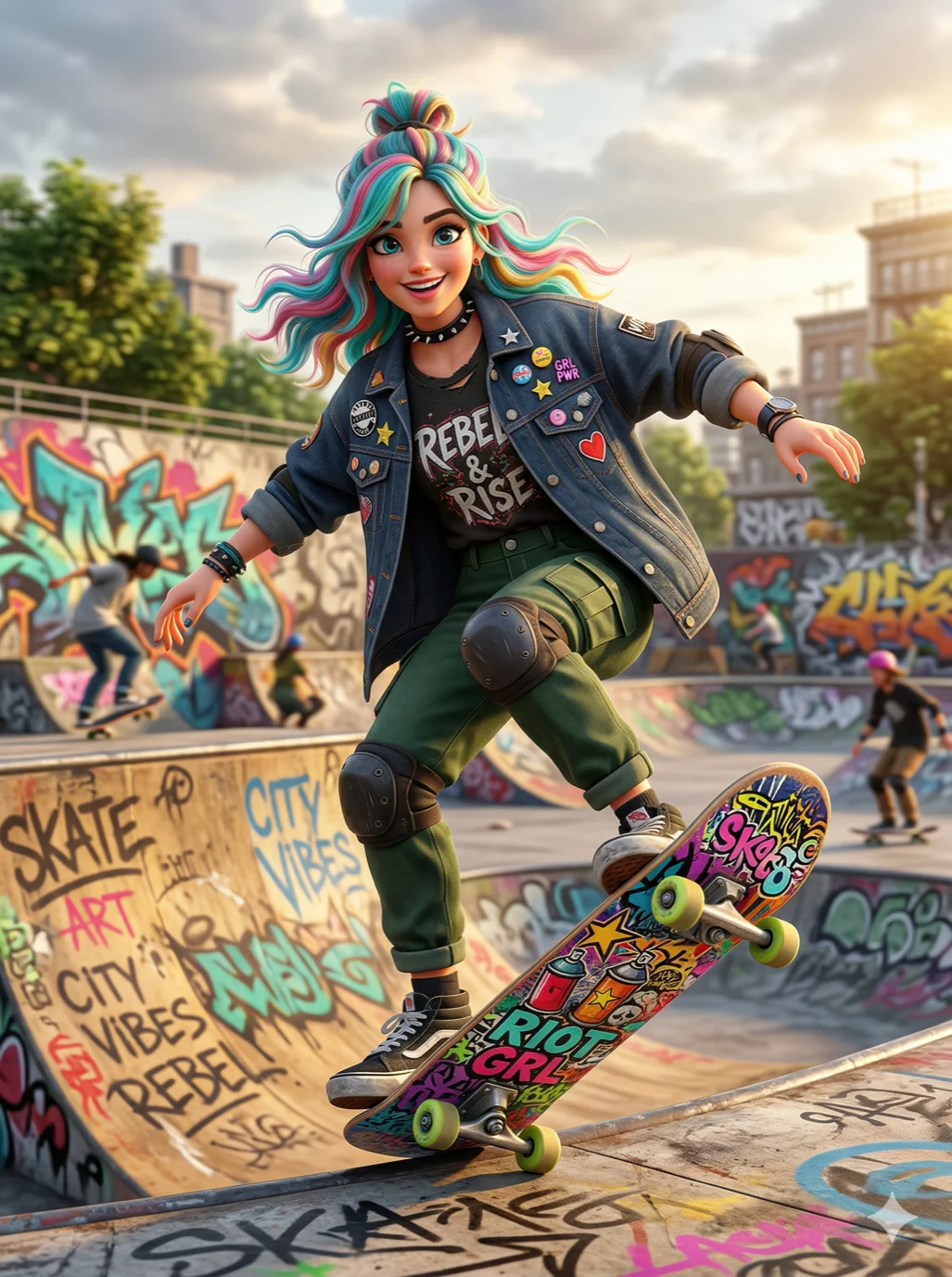 A stylish 3D character of a skater girl with colorful hair and graffiti-covered skateboard, 2k, ultra detail, master piece, 3:4 ratio