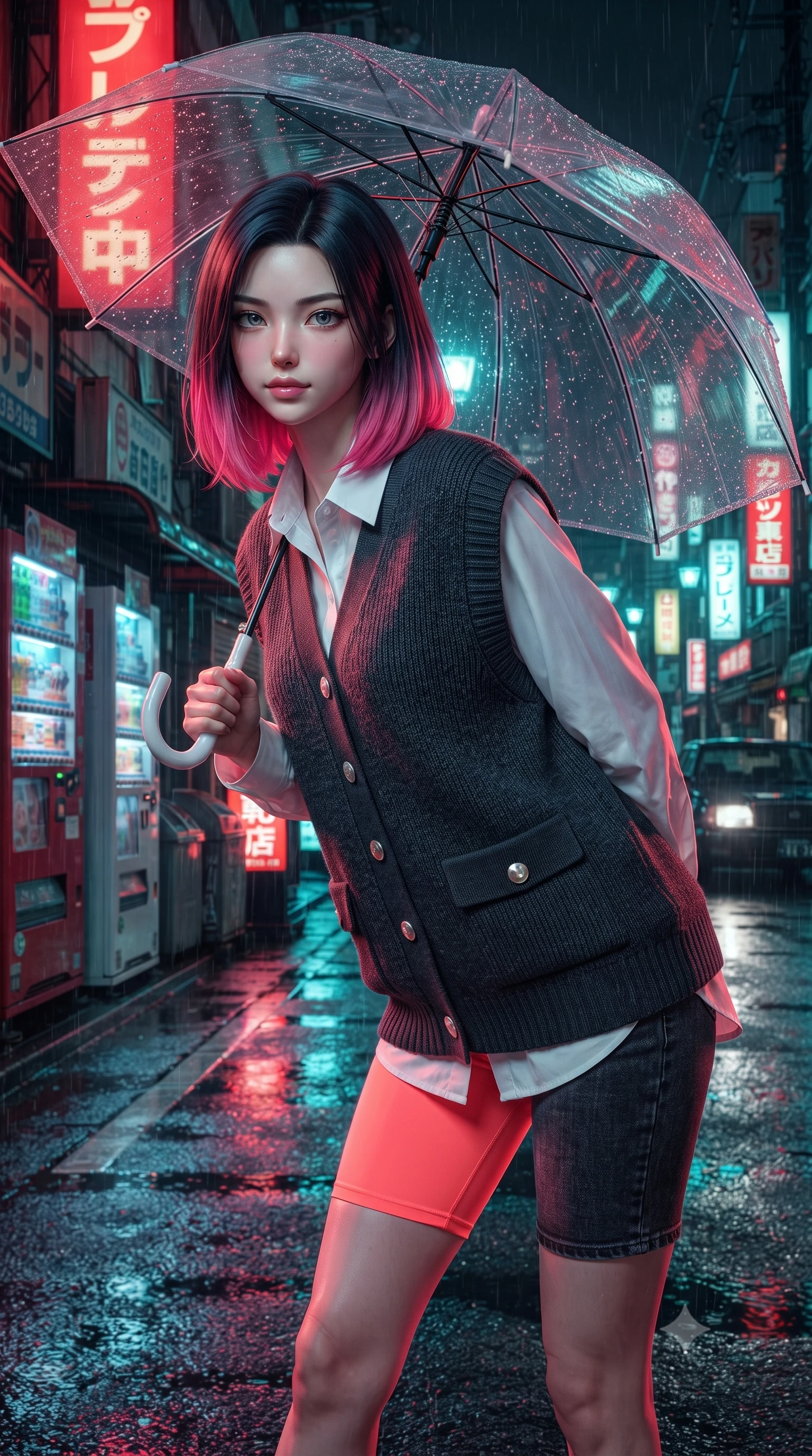score_9, masterpiece, best quality, ultra-detailed, high-budget anime keyframe, editorial fashion photography, tasteful artistic composition, Korean woman. close-up cowboy shot from the waist and thighs up, the character dominates the composition, filling the frame with her large presence. leaning forward with playful, captivating grace, her sculpted collarbones and slender neckline highlighted by directional light while strolling along a rain-drenched 1990s Tokyo neon back-alley, holding a transparent umbrella that catches vivid reflections. The surrounding environment is rendered in vivid detail and crisp panoramic clarity. authentic 90s film noir chiaroscuro and atmospheric retro Asian city nightlife rendered in precision. She has an exceptionally elegant, slender, and willowy female figure with an ultra-slim waist, a gracefully sculpted slender torso, toned flat midriff, and a refined slim silhouette. sharp v-shaped jawline, high-bridge nose, intricate jewel-like eyes with depth, thick eyelashes, glossy lips with a natural sheen, captivating and magnetic expression, flawlessly proportioned anatomical accuracy, strict slender model proportions, natural body alignment, perfectly sculpted long slender limbs, ultra-slim waistline, clean dynamic posture without body distortion. wearing an oversized 90s knit sweater vest worn over a crisp white boyfriend shirt and cycling shorts in retro neon coral and washed black denim, tailored from fine British wool tweed and comfortable stretch cotton, finished with polished mother-of-pearl buttons and tailored flap pockets, the liquid-tight tailored fabric emphasizing every curve of her tall, slender model proportions and sculptured silhouette during dynamic movement. bathed in rich neon red and cyan streetlamp glow bouncing off wet asphalt surfaces. ultra-reflective glossy finish, specular highlights, rich textural contrasts, high-contrast stereoscopic depth, volumetric dynamic lighting, 2k, ultra detail, master piece, 9:16 ratio
