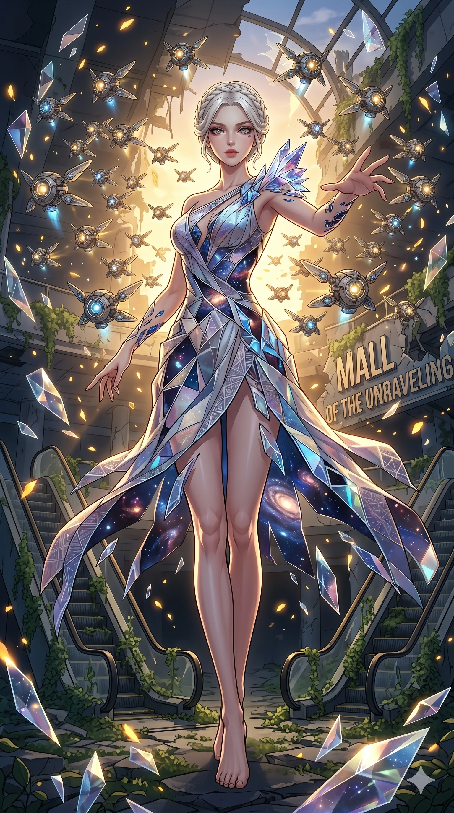 score_9, masterpiece, best quality, ultra-detailed, Set A: High-budget Anime Keyframe, Korean woman. Upper body close-up from the thighs up, character filling the screen for maximum presence. Theme: Ethereal Dream. shattering the fabric of reality in a ruined overgrown shopping mall, surrounded by 189 hovering guardian drones. The atmosphere is filled with golden hour with floating embers. She has an absolutely perfect 8-heads proportion, an exceptionally tall and slender female figure with impossibly long slender legs and an ultra-slim waist. Sharp v-shaped jawline, high-bridge nose, intricate jewel-like eyes with depth, glossy lips. Wearing Shattered-dimension dress where parts of the fabric seem to phase in and out. Cinematic lighting, vivid colors, dramatic shadows, 2k, ultra detail, master piece, 9:16 ratio