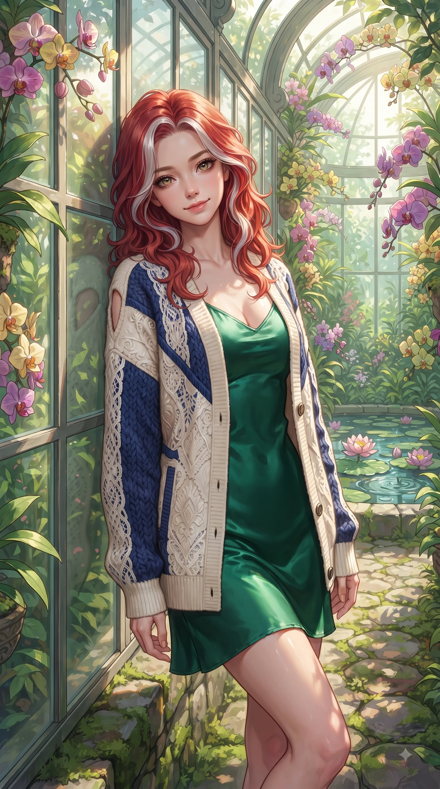 score_9, masterpiece, best quality, ultra-detailed, high-budget anime keyframe, editorial fashion photography, tasteful artistic composition, Caucasian woman. close-up cowboy shot from the waist and thighs up, the character dominates the composition, filling the frame with her large presence. Pure innocent expression with clear crystalline eyes, a gentle tender smile, and an airy serene aura while leaning against a sunlit glass wall surrounded by exotic orchids and cascading vines. The surrounding environment is rendered in vivid detail and crisp panoramic clarity. vibrant orchid blossoms, lotus pond ripples, and detailed greenhouse pathways in deep focus. She has an exceptionally elegant, slender, and willowy female figure with an ultra-slim waist, a gracefully sculpted slender torso, and a refined silhouette. sharp v-shaped jawline, high-bridge nose, intricate jewel-like eyes with depth, thick eyelashes, glossy lips with a natural sheen, flawlessly proportioned anatomical accuracy, natural body alignment, perfectly sculpted elegant limbs, clean dynamic posture without body distortion. wearing a rich emerald green satin slip dress layered under a plush cream cardigan in royal navy blue and pure ivory, made of fine lace weave and soft satin jersey, complemented by clean architectural seams and subtle cutouts, the sleek second-skin fit accentuating her magnetic presence. illuminated by fresh botanical ambient glow with organic leaf stencil shadows. ultra-reflective glossy finish, specular highlights, metallic sheen, high-contrast stereoscopic depth, volumetric dynamic lighting, 2k, ultra detail, master piece, 9:16 ratio