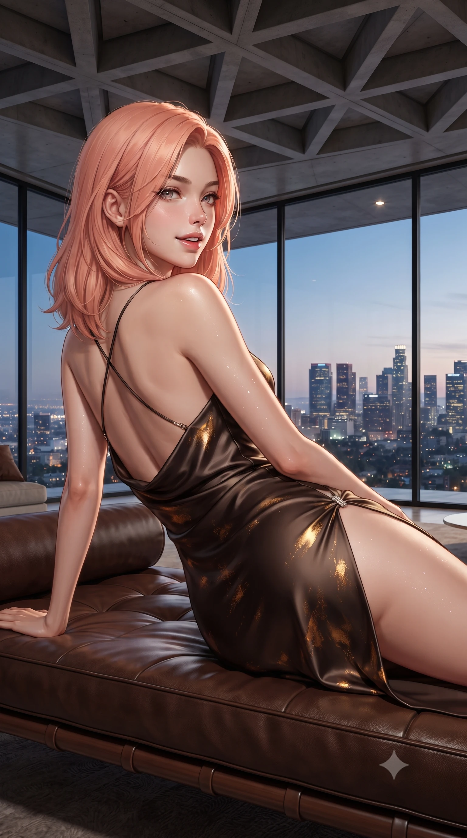 score_9, masterpiece, best quality, ultra-detailed, high-budget anime keyframe, editorial fashion photography, tasteful artistic composition, Japanese woman. close-up cowboy shot from the waist and thighs up, the character dominates the composition, filling the frame with her large presence. turning over a bare shoulder with an intoxicating, teasing smile, her soft hair framing her sharp jawline as her hips angle gracefully while reclining languidly across a built-in leather daybed beneath the triangular coffered concrete ceiling, her flat midriff and feminine curves commanding the frame. The surrounding environment is rendered in vivid detail and crisp panoramic clarity. detailed satin evening slip dress sheen, city light glints on skin, and LA basin skyline clarity in high resolution. She has an exceptionally elegant, slender, and willowy female figure with an ultra-slim waist, flat toned midriff, narrow ribcage, and sculpted feminine hips creating an alluring, slim hourglass silhouette without bulk. sharp v-shaped jawline, high-bridge nose, intricate jewel-like eyes with depth, thick eyelashes, glossy parted lips with a natural sheen, intensely captivating and seductive bedroom-eyes expression, flawlessly proportioned anatomical accuracy, strict slender model proportions, natural body alignment, perfectly sculpted long slender limbs, ultra-slim waistline, clean dynamic posture without body distortion. wearing a backless cowl-neck satin slip dress featuring high-cut side hip slits and delicate criss-cross back straps in dark espresso brown and molten gold foil, tailored from liquid silk jersey adhering flawlessly to her slender build, finished with an ultra-high side slit secured by miniature jeweled clasps, the form-contouring material adhering flawlessly to her sculpted flat midriff and slender torso, emphasizing her long leg lines and perfectly proportioned willowy build. illuminated by crisp directional pool bounce lights sharply sculpting her razor-sharp jawline, narrow waist, and curvy hips. ultra-reflective glossy finish, specular highlights, rich textural contrasts, high-contrast stereoscopic depth, volumetric dynamic lighting, 2k, ultra detail, master piece, 9:16 ratio