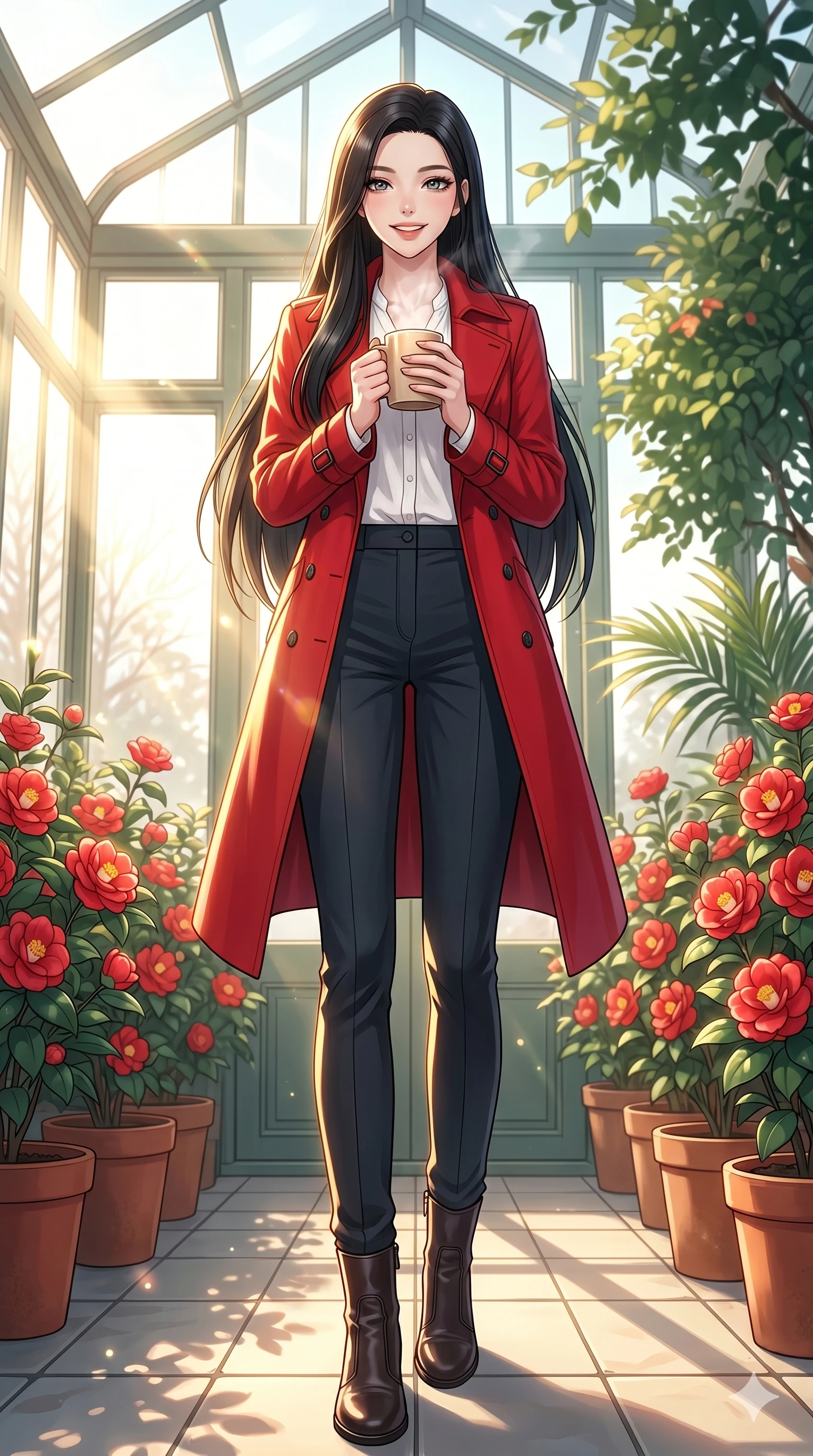 score_9, masterpiece, best quality, ultra-detailed, high-budget anime keyframe, vibrant anime aesthetic, Korean woman. low angle full-body shot from head to toe showing her feet, filling the entire 9:16 vertical frame with her statuesque presence, stretching her vertical silhouette. She is holding a warm mug, smiling warmly with a gentle and cheerful gaze inside a bright conservatory room with rows of red camellia flowers (Code-P21-031). She has an absolutely perfect 8-heads proportion, an exceptionally tall and slender female figure with impossibly long slender legs and an ultra-slim waist. V-shaped jawline, high-bridge nose, intricate jewel-like eyes with depth, thick eyelashes, glossy lips with a natural sheen. wearing a red trench coat over a white blouse and dark trousers in winter. She is lit from the side by bright winter sun rays, tracing the contours of her body in the morning. 2k, ultra detail, master piece, 9:16 ratio