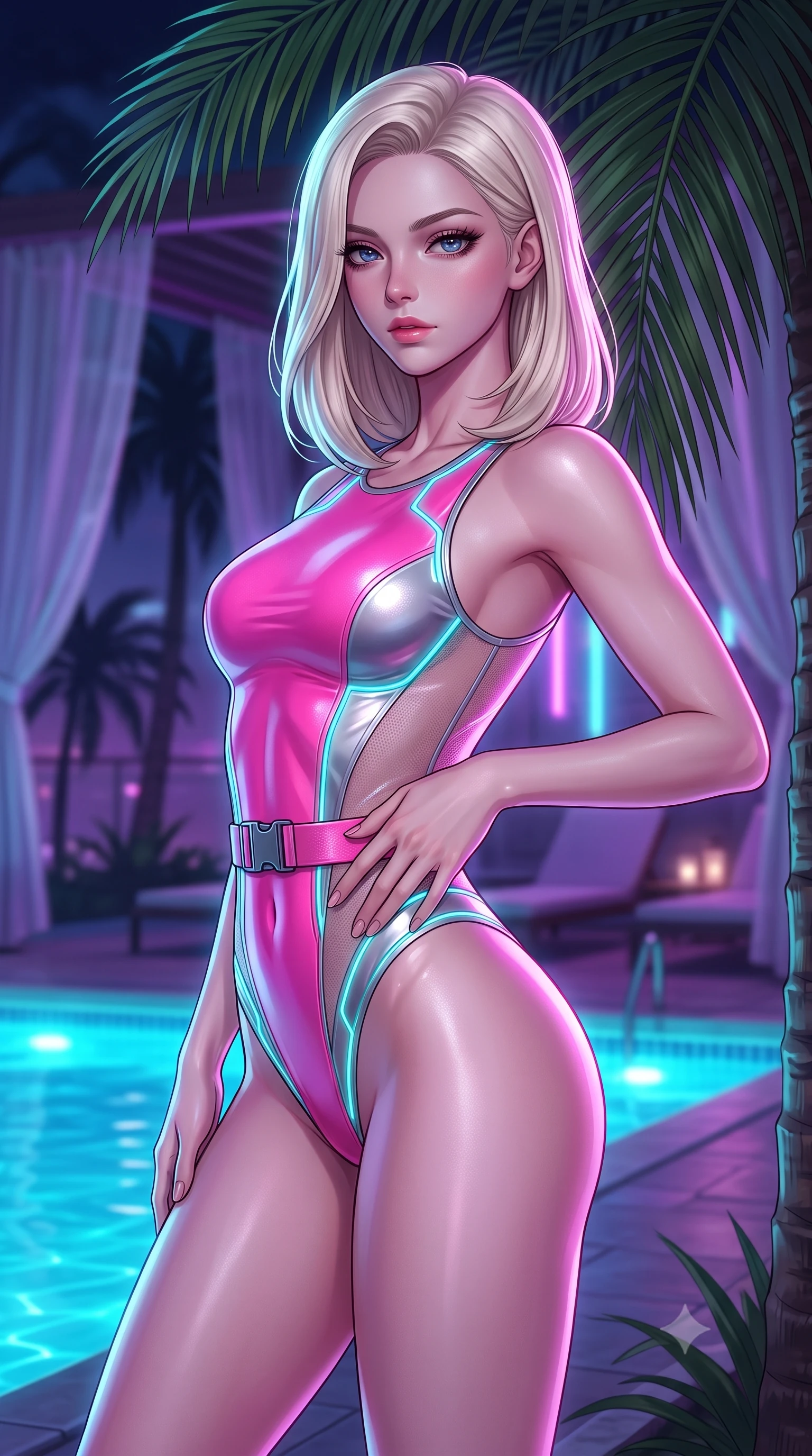 score_9, masterpiece, best quality, ultra-detailed, high-budget anime keyframe, semi-realistic 3D game render, editorial fashion photography, tasteful artistic composition, Caucasian woman. close-up cowboy shot from the waist and thighs up, the character dominates the composition, filling the frame with her large presence. arching her spine backward with effortless dancer poise, one hand sliding along her hip line as directional light carves specular highlights along her silhouette while posing beside towering poolside palm fronds, hips dramatically thrust to one side with hands running along her waist in pure allure. The composition keeps background elements in soft focus with creamy bokeh. sheer cabana drapes and tropical palm silhouettes softened in moody shallow focus. She has an exceptionally elegant, slender, and willowy female figure with an ultra-slim waist, a gracefully sculpted slender torso, toned flat midriff, and rounded feminine hips creating an alluring hourglass silhouette. sharp v-shaped jawline, high-bridge nose, intricate jewel-like eyes with depth, thick eyelashes, glossy parted lips with a natural sheen, intensely captivating and seductive bedroom-eyes expression, flawlessly proportioned anatomical accuracy, strict slender model proportions, natural body alignment, perfectly sculpted long slender limbs, ultra-slim waistline, clean dynamic posture without body distortion. wearing a high-mobility athletic monokini with sheer mesh side contours and tactical buckle belt in bright cyber pink and chrome silver, made of breathable technical athletic mesh and liquid-finish track nylon, accented with glowing cyan LED circuit lines tracing her hip bones and collarbones, the glove-like aerodynamic silhouette tightly following the natural contour of her hips and long slender legs with statuesque precision. bathed in glowing underwater cyan LED illumination and ambient violet neon cabana downlights. highly saturated vibrant anime colors, detailed shading with soft gradients, rich glossy textures, high-contrast stereoscopic depth, volumetric dynamic lighting, master piece, 9:16 ratio