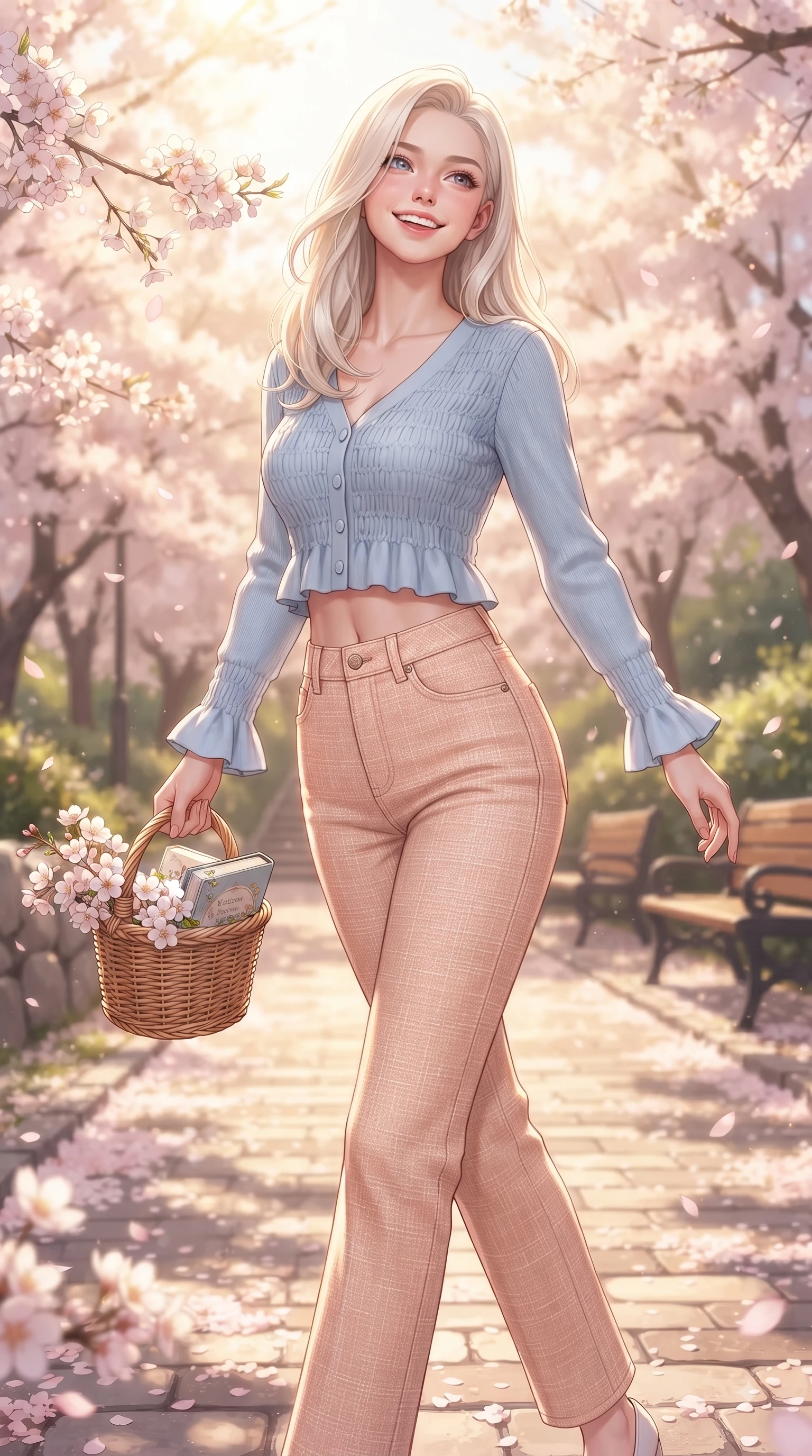 score_9, masterpiece, best quality, ultra-detailed, high-budget anime keyframe, editorial fashion photography, tasteful artistic composition, Caucasian woman. close-up cowboy shot from the waist and thighs up, the character dominates the composition, filling the frame with her large presence. Tilting her chin up with a sweet beaming smile of pure delight while balancing dynamically amidst the scene while stepping along a sun-drenched park trail carrying a wicker basket with fresh youthful charm. The surrounding environment is rendered in vivid detail and crisp panoramic clarity. delicate cherry blossom petal clusters, wooden park benches, and historic hill paths in crisp detail. She has an exceptionally elegant, slender, and willowy female figure with an ultra-slim waist, a gracefully sculpted slender torso, and a refined silhouette. sharp v-shaped jawline, high-bridge nose, intricate jewel-like eyes with depth, thick eyelashes, glossy lips with a natural sheen, flawlessly proportioned anatomical accuracy, natural body alignment, perfectly sculpted elegant limbs, clean dynamic posture without body distortion. wearing a casual chic pastel blue cropped cardigan with high-rise straight-leg denim jeans in peach blossom pink and warm oatmeal, tailored from soft pastel tweed with subtle metallic thread, accented with soft smocked details and fluttery cuffs, the relaxed yet flattering fit accentuating her naturally graceful and slender figure. bathed in bright morning sunbeams and warm golden sakura backlighting. ultra-reflective glossy finish, specular highlights, metallic sheen, high-contrast stereoscopic depth, volumetric dynamic lighting, 2k, ultra detail, master piece, 9:16 ratio
