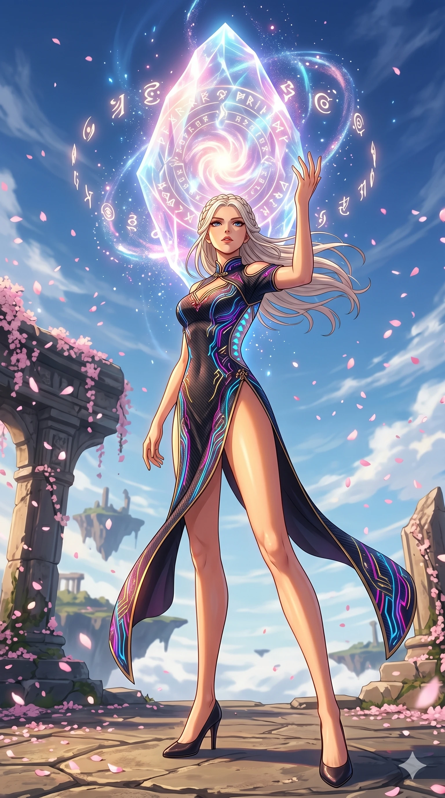 score_9, masterpiece, best quality, ultra-detailed, High-budget Anime Keyframe, vibrant colors, fluid line-art, expressive lighting, cinematic composition, Ufotable-style visual effects, top-tier animation quality, Japanese woman with delicate and elegant anime-inspired features. Low angle cowboy shot filling the entire 9:16 frame with her statuesque presence, looking up to emphasize her height. Communicating with ancient celestial beings via a massive glowing crystal core that pulses with divine energy. She has an absolutely perfect 8-heads proportion, an exceptionally tall and slender female figure with impossibly long slender legs and an ultra-slim waist, her statuesque height and towering silhouette dominating the vertical 9:16 frame. Her face is a masterpiece featuring a sharp v-shaped jawline, high-bridge nose, intricate jewel-like eyes with depth, thick eyelashes, and glossy lips with a natural sheen. She is wearing a Cyberpunk neon-lit qipao with a dangerous high slit and intricate digital embroidery crafted from Carbon-fiber weave with a high-tech matte finish and integrated glowing filaments, boasting shoulder cut-outs and a glowing spinal interface visible through the back. The scene is set in an ancient floating island with pink cherry blossoms falling like snow against a blue sky, illuminated by golden hour sunlight that gives her skin a warm, radiant glow. 2k, ultra detail, master piece, 9:16 ratio
