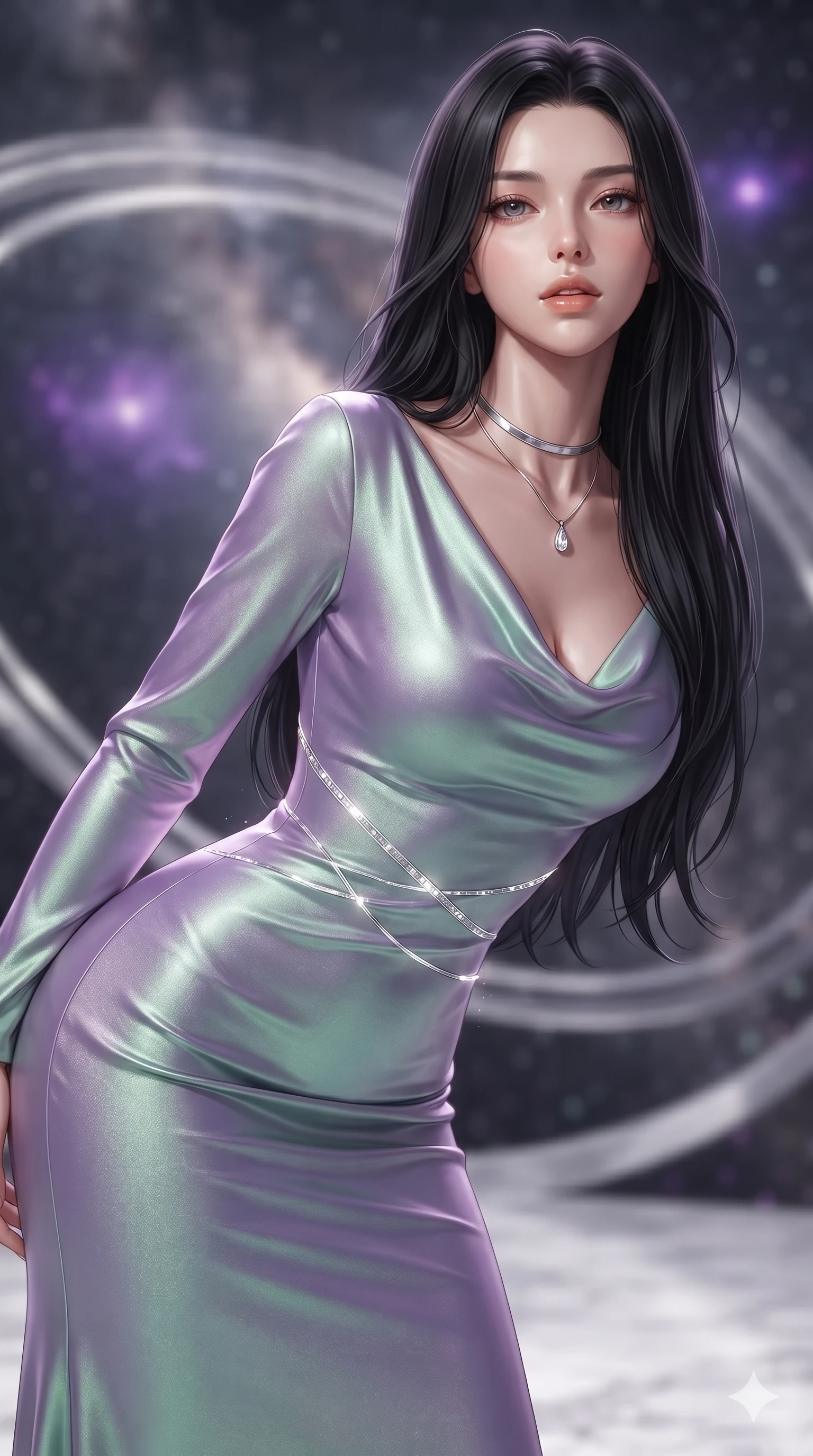 score_9, masterpiece, best quality, ultra-detailed, high-budget anime keyframe, editorial fashion photography, tasteful artistic composition, Korean woman. close-up cowboy shot from the waist and thighs up, the character dominates the composition, filling the frame with her large presence. leaning forward while arching her lower back to accentuate her curvy hips, looking into the camera with an intoxicating smoldering gaze and bedroom-eyes while twisting her slender torso in an alluring S-curve, celestial diamond starlight and platinum ring glows casting silver light ribbons across her flat midriff and hourglass curves. The background shows a soft-focus concentric levitating platinum rings, dense Milky Way star clouds, and distant purple emission nebulae blurred into diamond, platinum, and sapphire bokeh. She has an exceptionally elegant, slender, and willowy female figure with an ultra-slim waist, flat toned midriff, narrow ribcage, and sculpted feminine hips creating an alluring, slim hourglass silhouette without bulk. sharp v-shaped jawline, high-bridge nose, intricate jewel-like sparkling eyes with depth, thick eyelashes, glossy parted lips with a natural peach sheen, bright cheerful beaming smile with an enchanting and coquettish sensual glint, exuding both youthful cute charm and seductive allure, flawlessly proportioned anatomical accuracy, strict slender model proportions, natural body alignment, perfectly sculpted long slender limbs, ultra-slim waistline, clean dynamic posture without body distortion. wearing a refined long-sleeve cowl-neck satin evening gown with modest draped neckline and tailored waistline in phosphorescent ultraviolet amethyst and mint green, tailored from high-density tech-wool with subtle metallic thread weave, finished with a minimalist chrome choker and a single teardrop diamond pendant, the bespoke structured tailoring following the natural line of her 8.5-heads silhouette with refined elegance. illuminated by white marble floor bounce and sharp diamond-platinum rim lights defining her razor-sharp jawline, narrow waist, and curvy hips. ultra-reflective glossy finish, specular highlights, rich textural contrasts, high-contrast stereoscopic depth, volumetric dynamic lighting, 2k, ultra detail, master piece, 9:16 ratio