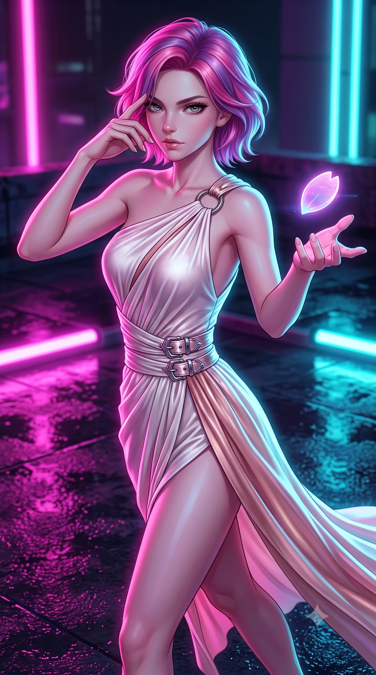 score_9, masterpiece, best quality, ultra-detailed, high-budget anime keyframe, editorial fashion photography, tasteful artistic composition, Caucasian woman. close-up cowboy shot from the waist and thighs up, the character dominates the composition, filling the frame with her large presence, background elements kept in soft focus. Resting her fingers gracefully near her temple, casting a sharp mysterious side-gaze during her stride while reaching forward with one hand to catch a glowing holographic sakura petal, wet rooftop surfaces reflecting glowing pink, purple, and cyan neon light bars. She has an exceptionally elegant, slender, and willowy female figure with an ultra-slim waist, a gracefully sculpted slender torso, and a refined silhouette. sharp v-shaped jawline, high-bridge nose, intricate jewel-like eyes with depth, thick eyelashes, glossy lips with a natural sheen, flawlessly proportioned anatomical accuracy, natural body alignment, perfectly sculpted elegant limbs, clean dynamic posture without body distortion. wearing an asymmetrical Grecian draped chiffon gown with a metallic shoulder ring in pearl white and rose gold, made of premium stretch velvet with a rich sheen, detailed with polished silver buckles along the waistline, the sleek second-skin texture accentuating her magnetic presence. drenched in intense neon magenta and cyan rim light with dark urban contrast. highly saturated vibrant anime colors, detailed shading with soft gradients, rich glossy textures, high-contrast stereoscopic depth, volumetric dynamic lighting, master piece, 9:16 ratio