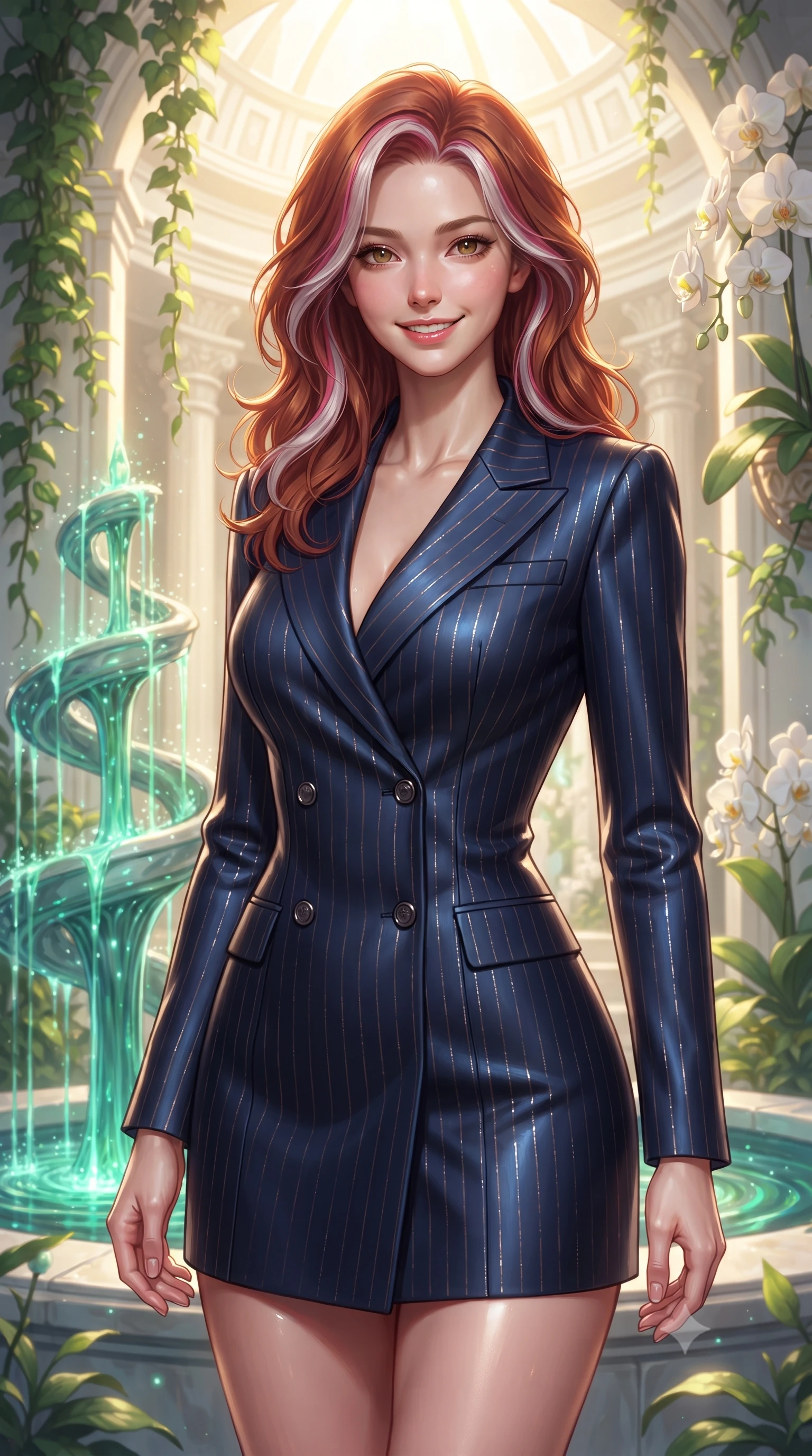 score_9, masterpiece, best quality, ultra-detailed, high-budget anime keyframe, editorial fashion photography, tasteful artistic composition, Caucasian woman. close-up cowboy shot from the waist and thighs up, the character dominates the composition, filling the frame with her large presence, background elements kept in soft focus. Smiling with quiet, magnetic self-assurance directly into the lens standing by a hydro-flow spiral fountain flowing with bioluminescent emerald sap, lush green vines and white orchids framing the bright architectural backdrop. She has an exceptionally elegant, slender, and willowy female figure with an ultra-slim waist, a gracefully sculpted slender torso, and a refined silhouette. sharp v-shaped jawline, high-bridge nose, intricate jewel-like eyes with depth, thick eyelashes, glossy lips with a natural sheen. wearing a tailored double-breasted blazer dress in navy with subtle metallic pin-stripes, the sleek second-skin texture accentuating her magnetic presence. bathed in warm golden sunlight and soft emerald bioluminescent glow. ultra-reflective glossy finish, specular highlights, metallic sheen, high-contrast stereoscopic depth, volumetric dynamic lighting, 2k, ultra detail, master piece, 9:16 ratio