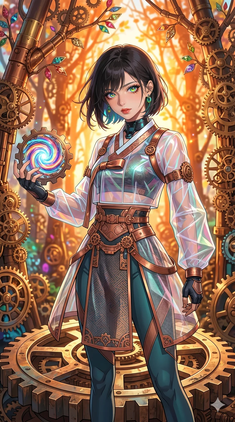 첨부의 캐릭터 얼굴만 유지해, score_9, masterpiece, best quality, ultra-detailed, Set C: High-budget Anime Keyframe, Korean woman. Upper body close-up from the thighs up, character filling the screen for maximum presence. Standing on a giant gear in a clockwork forest. She has an absolutely perfect 8-heads proportion, an exceptionally tall and slender female figure with an slender waist and steampunk aesthetic. Sharp v-shaped jawline, high-bridge nose, intricate jewel-like eyes with depth, thick eyelashes, glossy lips. Wearing a Modern Traditional outfit: tech-hanbok with transparent panels and metallic straps. Background is a bright and colorful forest with trees made of copper and gears, with vibrant orange light. 2k, ultra detail, master piece, 9:16 ratio