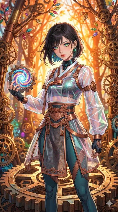 첨부의 캐릭터 얼굴만 유지해, score_9, masterpiece, best quality, ultra-detailed, Set C: High-budget Anime Keyframe, Korean woman. Upper body close-up from the thighs up, character filling the screen for maximum presence. Standing on a giant gear in a clockwork f