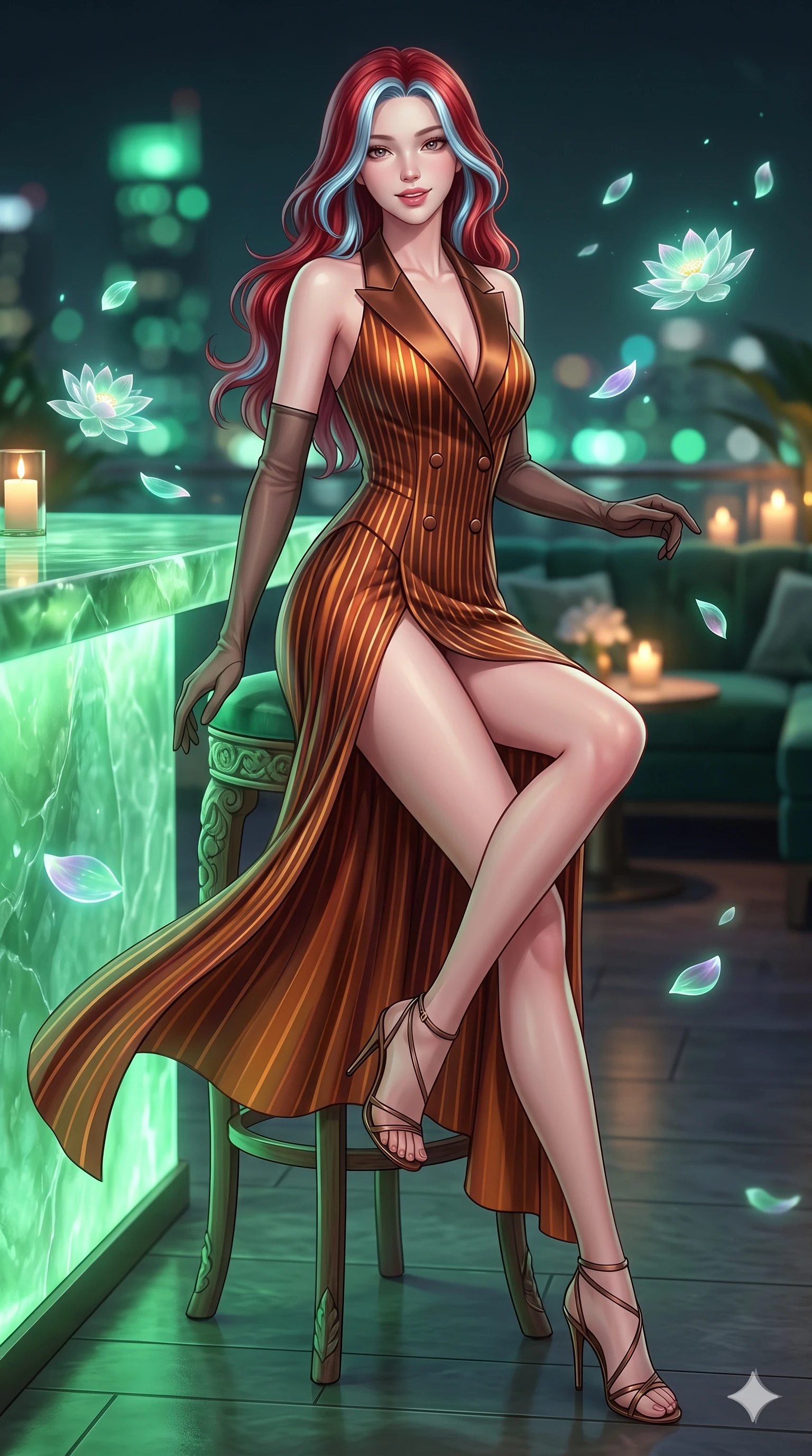 score_9, masterpiece, best quality, ultra-detailed, high-budget anime keyframe, semi-realistic 3D game render, editorial fashion photography, tasteful artistic composition, Caucasian woman. low angle full-body shot from head to toe showing her feet, filling the entire 9:16 vertical frame with her statuesque presence, stretching her vertical silhouette. striding across the penthouse terrace as river breezes whip her high-slit dress open, accentuating her long slender legs and curvy hips while perched gracefully on the carved jade bar counter stool with legs crossed, flashing an enchanting smile with parted glossy lips as floating holographic lotus petals drift past. The background shows a soft-focus translucent illuminated green jade bar panels, floating holographic lotus flowers, and velvet banquettes blurred into emerald, mint, and charcoal bokeh. She has an exceptionally tall and slender model-like 8.5-heads proportion, an ultra-slim waist, a flat toned midriff, narrow delicate ribcage, and beautifully sculpted feminine hips creating a graceful, slim hourglass silhouette without any bulky heaviness, with impossibly long slender legs. sharp v-shaped jawline, high-bridge nose, intricate jewel-like sparkling eyes with depth, thick eyelashes, glossy parted lips with a natural sheen, intensely captivating and seductive bedroom-eyes expression, exuding both youthful cute charm and sovereign luxury allure, flawlessly proportioned anatomical accuracy, strict slender model proportions, natural body alignment, perfectly sculpted long slender limbs, ultra-slim waistline, clean dynamic posture without body distortion. wearing a tailored double-breasted tuxedo evening dress with structured satin lapels and metallic pinstripes in rich copper bronze and warm amber, tailored from heavy double-faced silk georgette with an exceptionally fluid drape, complemented by sheer opera-length evening gloves tracing her slender arms, the bespoke structured tailoring following the natural line of her 8.5-heads silhouette with refined elegance. bathed in the ethereal, soothing emerald-green luminescence of the backlit jade counter combined with warm candlelit accent lights. highly saturated vibrant anime colors, detailed shading with soft gradients, rich glossy textures, high-contrast stereoscopic depth, volumetric dynamic lighting, master piece, 9:16 ratio