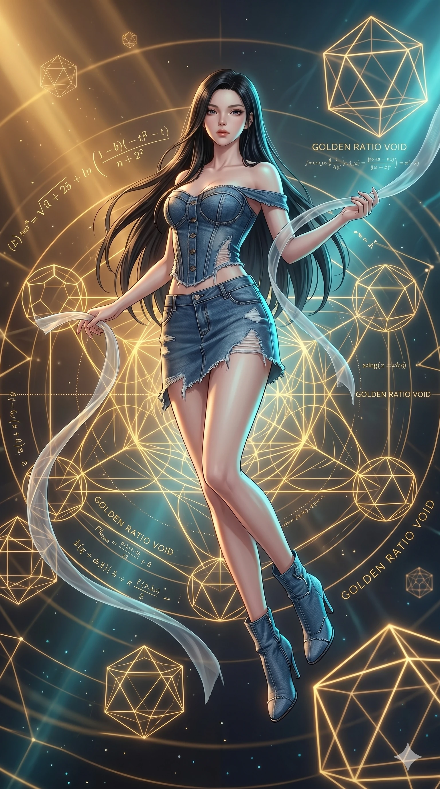 score_9, masterpiece, best quality, ultra-detailed, high-budget anime keyframe, Japanese woman. low angle full-body shot filling the entire 9:16 frame with her statuesque presence, stretching the vertical silhouette. floating gracefully in a mathematical mandala void filled with golden geometric lines of complex formulas, holding a translucent ribbon as she glides between floating regular polyhedrons. She has an absolutely perfect 8-heads proportion, an exceptionally tall and slender female figure with impossibly long slender legs and an ultra-slim waist. V-shaped jawline, high-bridge nose, intricate jewel-like eyes with depth, thick eyelashes, glossy lips with a natural sheen.. wearing a deconstructed denim corset and an asymmetric ripped denim micro-skirt, showcasing a rugged yet chic off-shoulder style. showcasing a beautiful play of light and shadow, with warm golden rays clashing against cool cyan highlights. 2k, ultra detail, master piece, 9:16 ratio