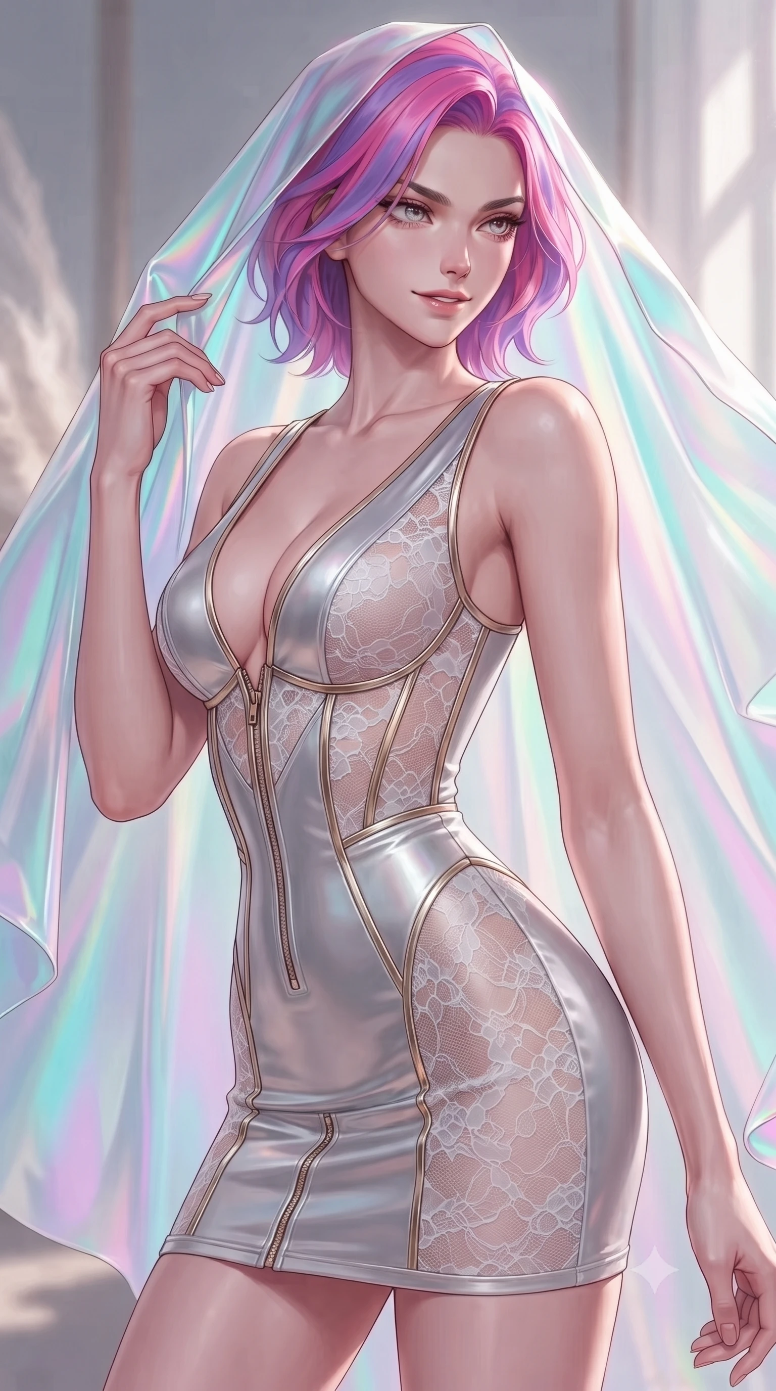score_9, masterpiece, best quality, ultra-detailed, high-budget anime keyframe, editorial fashion photography, tasteful artistic composition, Caucasian woman. close-up cowboy shot from the waist and thighs up, the character dominates the composition, filling the frame with her large presence, background elements kept in soft focus. Glancing sidelong over her shoulder with a smoldering half-smile, touching a holographic silk veil that refracts daylight into brilliant pastel spectrums, sculptural draping emphasizing her ultra-slim waist and long silhouette. She has an exceptionally elegant, slender, and willowy female figure with an ultra-slim waist, a gracefully sculpted slender torso, and a refined silhouette. sharp v-shaped jawline, high-bridge nose, intricate jewel-like eyes with depth, thick eyelashes, glossy lips with a natural sheen. wearing deep V-neck corset bodice mini dress with sheer white lace panels in radiant platinum, made of liquid mercury jersey, finished with metallic gold boning and sleek zipper points, the fitted fabric emphasizing her ultra-slim waist. bathed in soft airy daylight with pastel turquoise and magenta highlights. ultra-reflective glossy finish, specular highlights, metallic sheen, high-contrast stereoscopic depth, volumetric dynamic lighting, 2k, ultra detail, master piece, 9:16 ratio