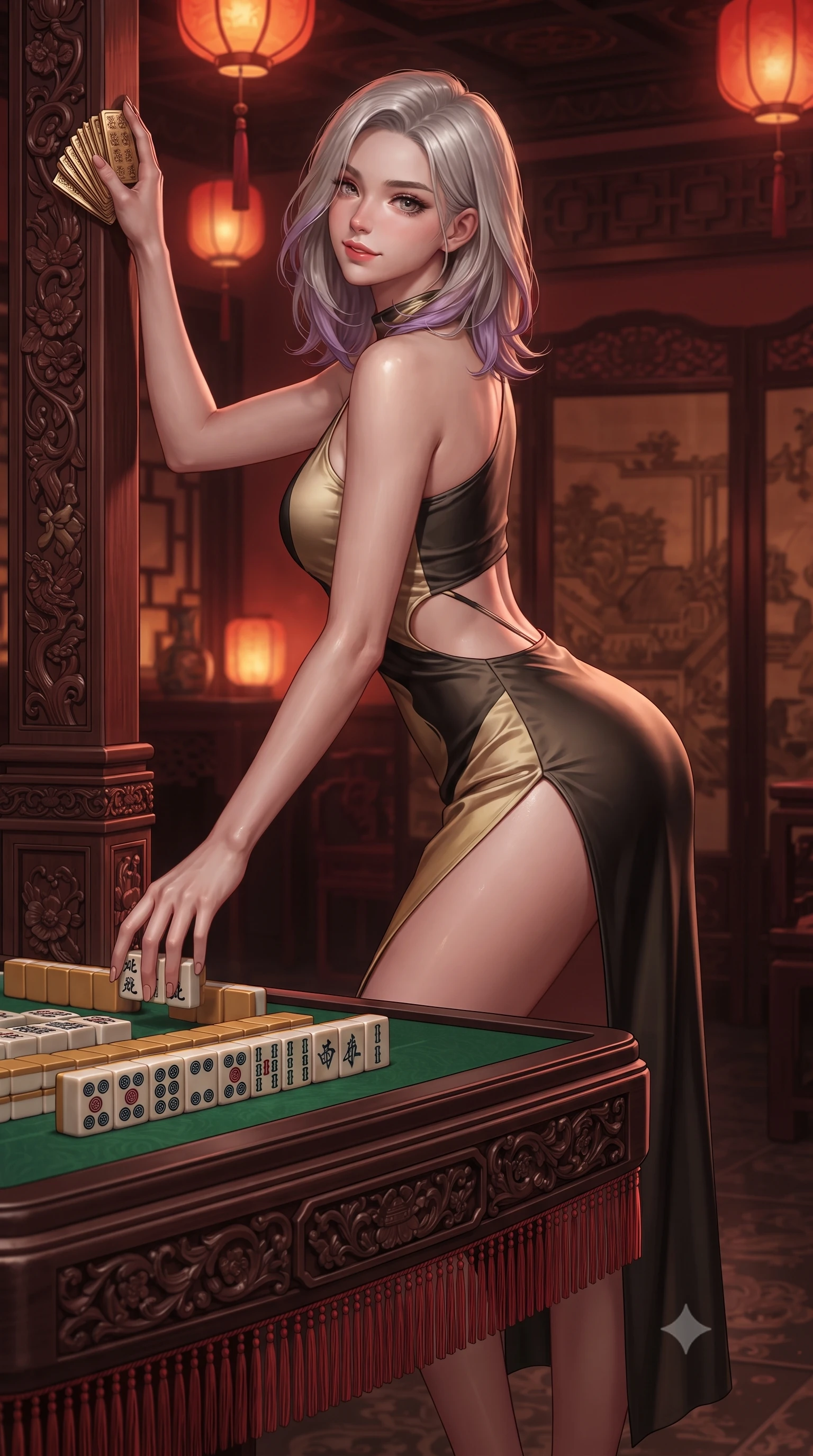 score_9, masterpiece, best quality, ultra-detailed, high-budget anime keyframe, editorial fashion photography, tasteful artistic composition, Caucasian woman. low angle full-body shot from head to toe showing her feet, filling the entire 9:16 vertical frame with her statuesque presence, stretching her vertical silhouette. standing tall beside the architectural column, one hand resting high while arching her lower back to emphasize her sculpted feminine hips and slender waist while leaning forward over the green felt tabletop with hips cocked back, arranging carved ivory tiles with smoldering bedroom-eyes. The surrounding environment is rendered in vivid detail and crisp panoramic clarity: sharp carved bone-and-bamboo mahjong tile face markings, rosewood table carvings, and red silk tassel fringe in deep focus. She has an absolutely perfect, statuesque 8.5-heads proportion, an exceptionally tall and slender model-like female figure with impossibly long slender legs, an ultra-slim waist, a flat toned midriff, narrow delicate ribcage, and beautifully sculpted feminine hips creating a graceful, slim hourglass silhouette without any bulky heaviness. sharp v-shaped jawline, high-bridge nose, sparkling eyes with hypnotic seductive depth, thick curled eyelashes, glossy parted lips with a natural dewy peach sheen, alluring bedroom-eyes with an enchanting coquettish smile, exuding magnetic siren charisma and sophisticated glamour, flawlessly proportioned anatomical accuracy, strict slender model proportions, natural body alignment, perfectly sculpted long slender limbs, ultra-slim waistline, clean dynamic posture without body distortion. wearing an asymmetric one-shoulder liquid jersey nymph dress with dramatic hip-high slit and waist cutout in dual-tone high-contrast gold-and-black monochrome, crafted from fluid liquid silk satin that clings smoothly to every curve with a dewy sheen, accented with a stack of engraved gold casino plaques held loosely in one hand, the high-slit wrap tailoring accentuating her ultra-slim waistline and the enchanting curve of her feminine hips with alluring seductive charm. bathed in warm moody crimson-and-amber illumination spilling from low-hanging silk lanterns. ultra-reflective glossy finish, specular highlights, rich textural contrasts, high-contrast stereoscopic depth, volumetric dynamic lighting, 2k, ultra detail, master piece, 9:16 ratio