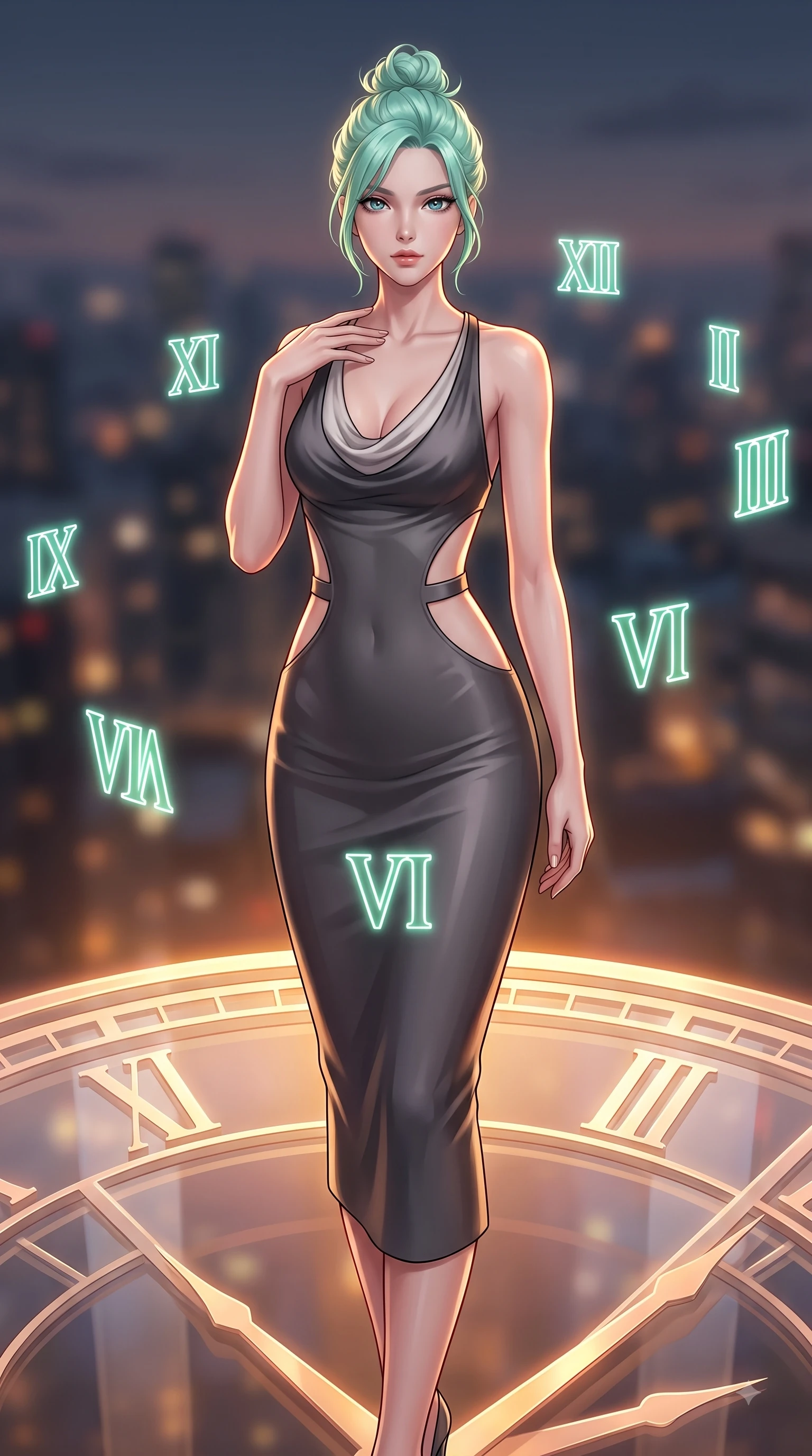 score_9, masterpiece, best quality, ultra-detailed, high-budget anime keyframe, editorial fashion photography, tasteful artistic composition, Japanese woman. close-up cowboy shot from the waist and thighs up, the character dominates the composition, filling the frame with her large presence, background elements kept in soft focus. Pivoting her torso in an alluring S-curve alignment, one hand gently tracing her collarbone with poise while standing atop a giant translucent Roman numeral clock dial in a high tower at dusk, glowing neon clock numbers floating in the air with vintage elegancy. She has an exceptionally elegant, slender, and willowy female figure with an ultra-slim waist, a gracefully sculpted slender torso, and a refined silhouette. sharp v-shaped jawline, high-bridge nose, intricate jewel-like eyes with depth, thick eyelashes, glossy lips with a natural sheen, flawlessly proportioned anatomical accuracy, natural body alignment, perfectly sculpted elegant limbs, clean dynamic posture without body distortion. wearing an elegant cowl-neck satin midi dress with a graceful draped neckline in charcoal grey and platinum, formed from sleek second-skin neoprene, featuring clean architectural cutouts along her slender torso, the sleek second-skin texture accentuating her magnetic presence. bathed in warm twilight amber backlighting and rich metallic specular glow. highly saturated vibrant anime colors, detailed shading with soft gradients, rich glossy textures, high-contrast stereoscopic depth, volumetric dynamic lighting, master piece, 9:16 ratio