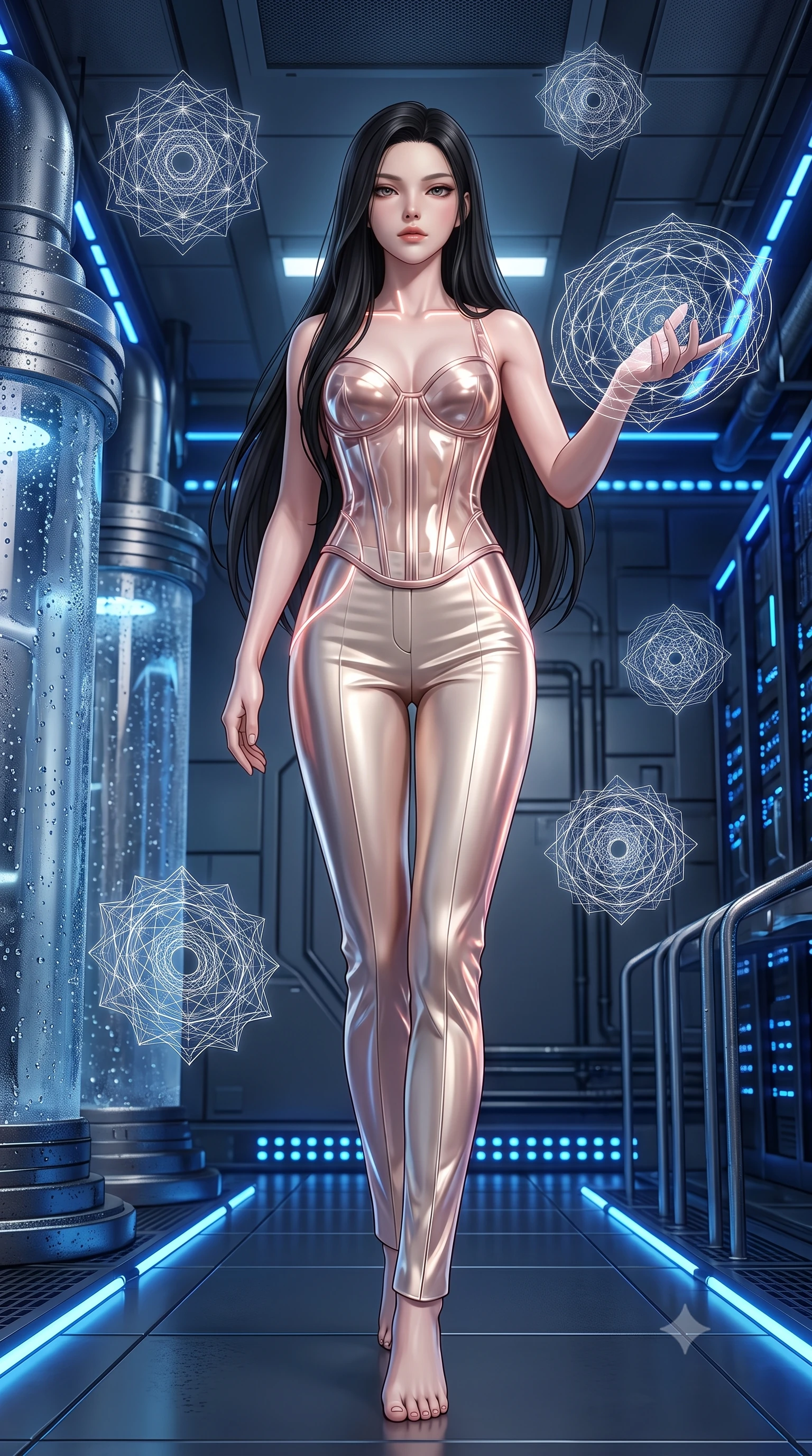 score_9, masterpiece, best quality, ultra-detailed, high-budget anime keyframe, semi-realistic 3D game render, editorial fashion photography, tasteful artistic composition, Korean woman. low angle full-body shot from head to toe showing her feet, filling the entire 9:16 vertical frame with her statuesque presence, stretching her vertical silhouette. striding forward with commanding supermodel grace, her 8.5-heads statuesque silhouette dominating the vertical frame from head to toe while extending one arm with sovereign authority as complex holographic geometric mandalas orbit her fingertips. The surrounding environment is rendered in vivid detail and crisp panoramic clarity. crisp holographic geometric mandala glyphs, cryo-pipe condensation beads, and deep blue LEDs in high clarity. She has an absolutely perfect, statuesque 8.5-heads proportion, an exceptionally tall and slender model-like female figure with impossibly long slender legs, a toned flat midriff, and an ultra-slim waist. sharp v-shaped jawline, high-bridge nose, intricate jewel-like eyes with depth, thick eyelashes, glossy lips with a natural sheen, flawlessly proportioned anatomical accuracy, strict slender model proportions, natural body alignment, perfectly sculpted long slender limbs, ultra-slim waistline, clean dynamic posture without body distortion. wearing a structured translucent cyber-corset paired with tailored high-fashion satin trousers that sharply cinch her ultra-slim waist in sculpted rose gold and luminescent champagne ivory, crafted from ultra-reflective second-skin liquid metal with a mirror-like polish, accented with glowing fiber-optic seams tracing her collarbones and hip curves, the sleek second-skin cut tightly hugging her graceful clavicle, narrow waist, and feminine curves with athletic precision. surrounded by an omniscient, divine, and radiantly transcendent digital muse aura. rich saturated anime colors with glowing neon highlights, detailed shading with soft gradients, rich glossy textures, high-contrast stereoscopic depth, volumetric dynamic lighting, master piece, 9:16 ratio