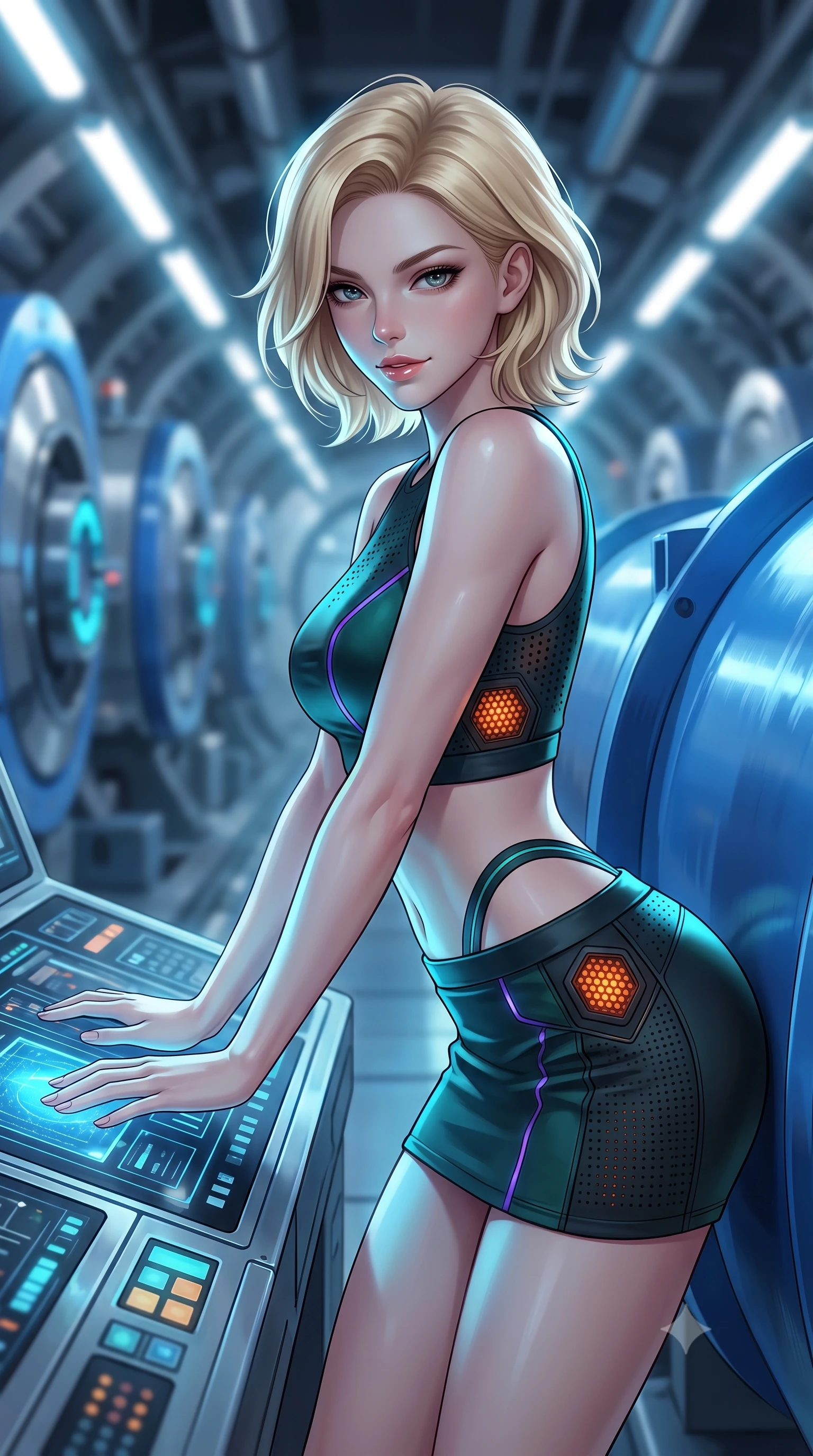 score_9, masterpiece, best quality, ultra-detailed, high-budget anime keyframe, semi-realistic 3D game render, editorial fashion photography, tasteful artistic composition, Caucasian woman. close-up cowboy shot from the waist and thighs up, the character dominates the composition, filling the frame with her large presence. leaning forward over the illuminated command console while arching her lower back to accentuate her curvy hips, looking into the camera with a confident smoldering smile and intense bedroom-eyes while leaning against a colossal blue superconducting magnet casing with hips cocked back, casting an alluring, intelligent bedroom-gaze. The background shows a soft-focus the curving tunnel of massive circular superconducting magnets and pulsating beam sensors blurred into Cherenkov blue, silver, and charcoal bokeh. She has an exceptionally elegant, slender, and willowy female figure with an ultra-slim waist, flat toned midriff, narrow ribcage, and sculpted feminine hips creating an alluring, slim hourglass silhouette without bulk. sharp v-shaped jawline, high-bridge nose, intricate jewel-like sparkling eyes with depth, thick eyelashes, glossy parted lips with a natural sheen, bright confident smile with an enchanting and coquettish sensual glint, exuding both youthful magnetic charm and sovereign high-tech allure, flawlessly proportioned anatomical accuracy, strict slender model proportions, natural body alignment, perfectly sculpted long slender limbs, ultra-slim waistline, clean dynamic posture without body distortion. wearing a body-hugging modern carbon-alloy crop top paired with a low-rise tactical skirt and a subtle waist cut-out in dark emerald teal and ultraviolet glow lines, made of high-grade ballistic nylon with precision laser-cut perforations, accented with subtle hexagonal heat-sink vents glowing with dim orange thermal heat, the high-waisted tailoring accentuating her ultra-slim waistline and the enchanting curve of her feminine hips with alluring dark charm. bathed in eerie Cherenkov blue luminescence and crisp white fluorescent tunnel lighting. highly saturated vibrant anime colors, detailed shading with soft gradients, rich glossy textures, high-contrast stereoscopic depth, volumetric dynamic lighting, master piece, 9:16 ratio