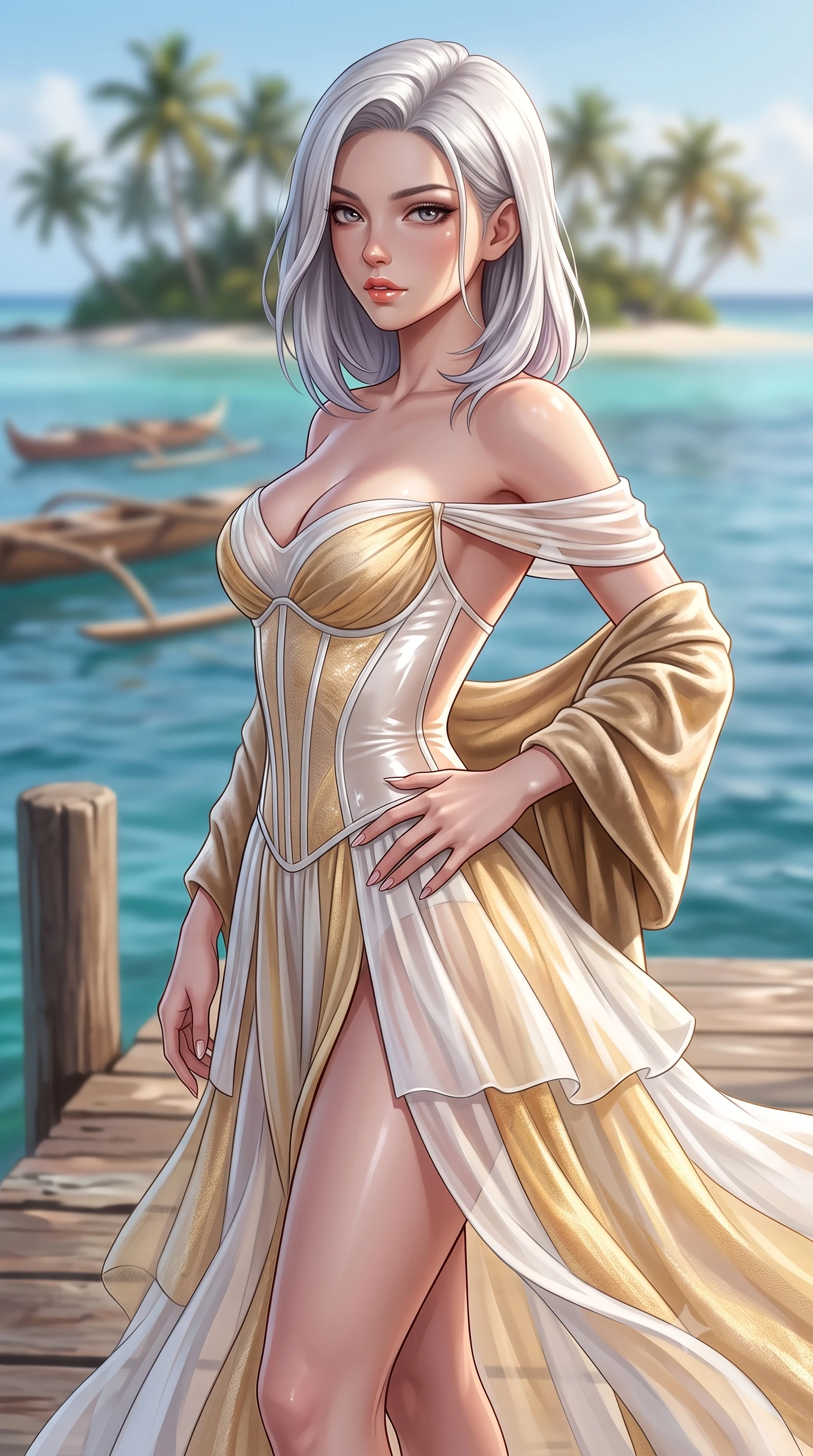 score_9, masterpiece, best quality, ultra-detailed, high-budget anime keyframe, semi-realistic 3D game render, editorial fashion photography, tasteful artistic composition, Caucasian woman. close-up cowboy shot from the waist and thighs up, the character dominates the composition, filling the frame with her large presence. resting one manicured hand delicately on her hip bone, her upper body turning in a fluid, seductive S-curve while parted lips glisten in the light while standing poised on the villa's private diving pier, turning in an alluring dancer S-curve as tropical trade winds flutter her garments. The composition keeps background elements in soft focus with creamy bokeh. distant palm-fringed motu islets and floating outrigger canoes softened in exotic Polynesian shallow focus. She has an exceptionally elegant, slender, and willowy female figure with an ultra-slim waist, flat toned midriff, narrow ribcage, and sculpted feminine hips creating an alluring, slim hourglass silhouette without bulk. sharp v-shaped jawline, high-bridge nose, intricate jewel-like eyes with depth, thick eyelashes, glossy parted lips with a natural sheen, intensely captivating and seductive bedroom-eyes expression, flawlessly proportioned anatomical accuracy, strict slender model proportions, natural body alignment, perfectly sculpted long slender limbs, ultra-slim waistline, clean dynamic posture without body distortion. wearing an off-shoulder French court corset bodice dress paired with a tiered translucent chiffon slit skirt in pure alabaster white and sun-kissed gold, tailored from second-skin aerodynamic stretch vinyl with specular wet sheen, complemented by a plush velvet shawl draped loosely over her elbows, the precision-cut side openings and low-back scoop framing her graceful spine and the sensual sweep of her slim, toned hips. illuminated by intense specular sea reflections sharply carving her razor-sharp jawline, narrow waist, and curvy hips. highly saturated vibrant anime colors, detailed shading with soft gradients, rich glossy textures, high-contrast stereoscopic depth, volumetric dynamic lighting, master piece, 9:16 ratio