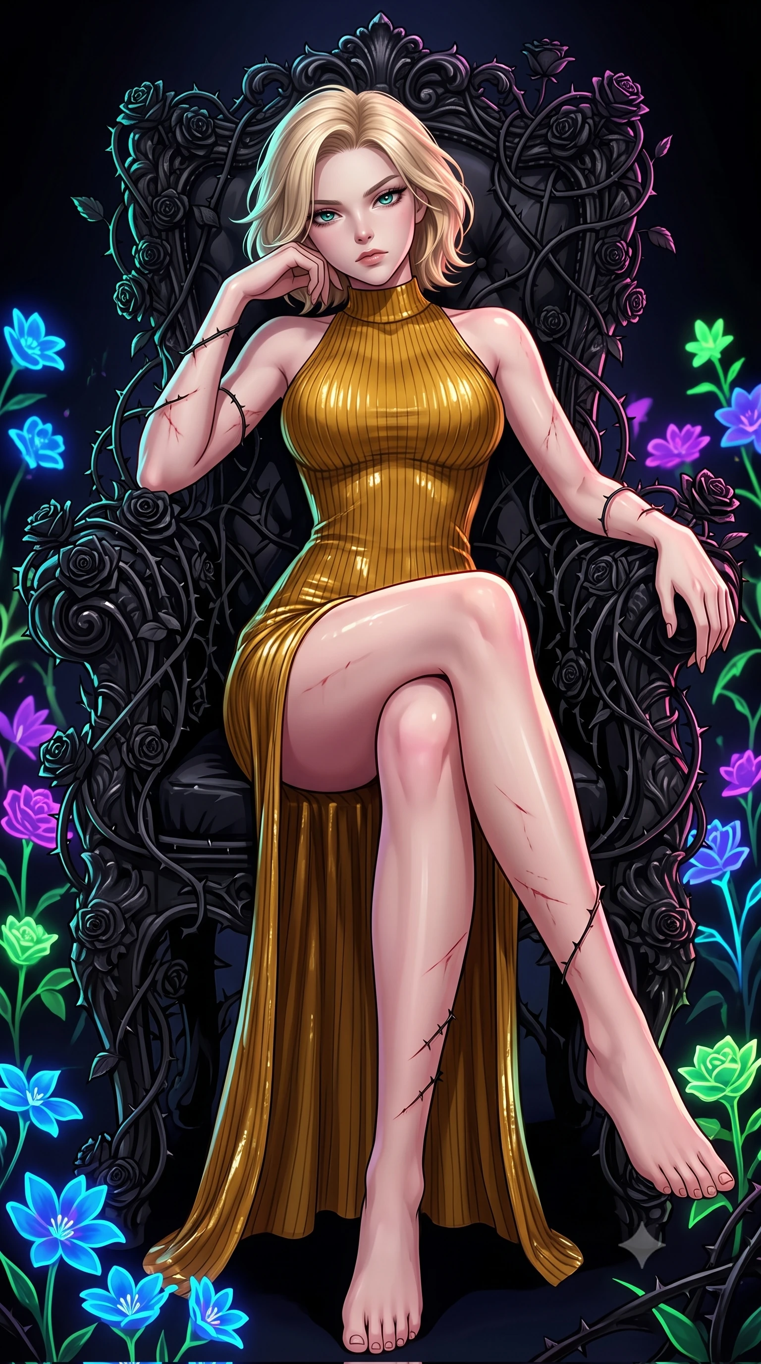 score_9, masterpiece, best quality, ultra-detailed, High-budget Anime Keyframe, Caucasian woman, strictly human ears. Low angle cowboy shot filling the entire 9:16 frame with her statuesque presence. Scenario 327: resting on a throne of black roses, thorns grazing her skin, in a virtual garden where neon flowers bloom in the dark. Her presence is magnetic and overpowering in this high-budget anime scene. Outfit 327: a tailored ribbed bodycon knit gold with a thigh-high slit and wet-look texture. The clothing is designed to emphasize her exceptionally tall and slender 8-heads proportion. 8-heads proportion, towering silhouette, ultra-slim waist. sharp v-shaped jawline, intricate jewel-like eyes with depth, thick eyelashes, glossy lips. 2k, ultra detail, master piece, 9:16 ratio