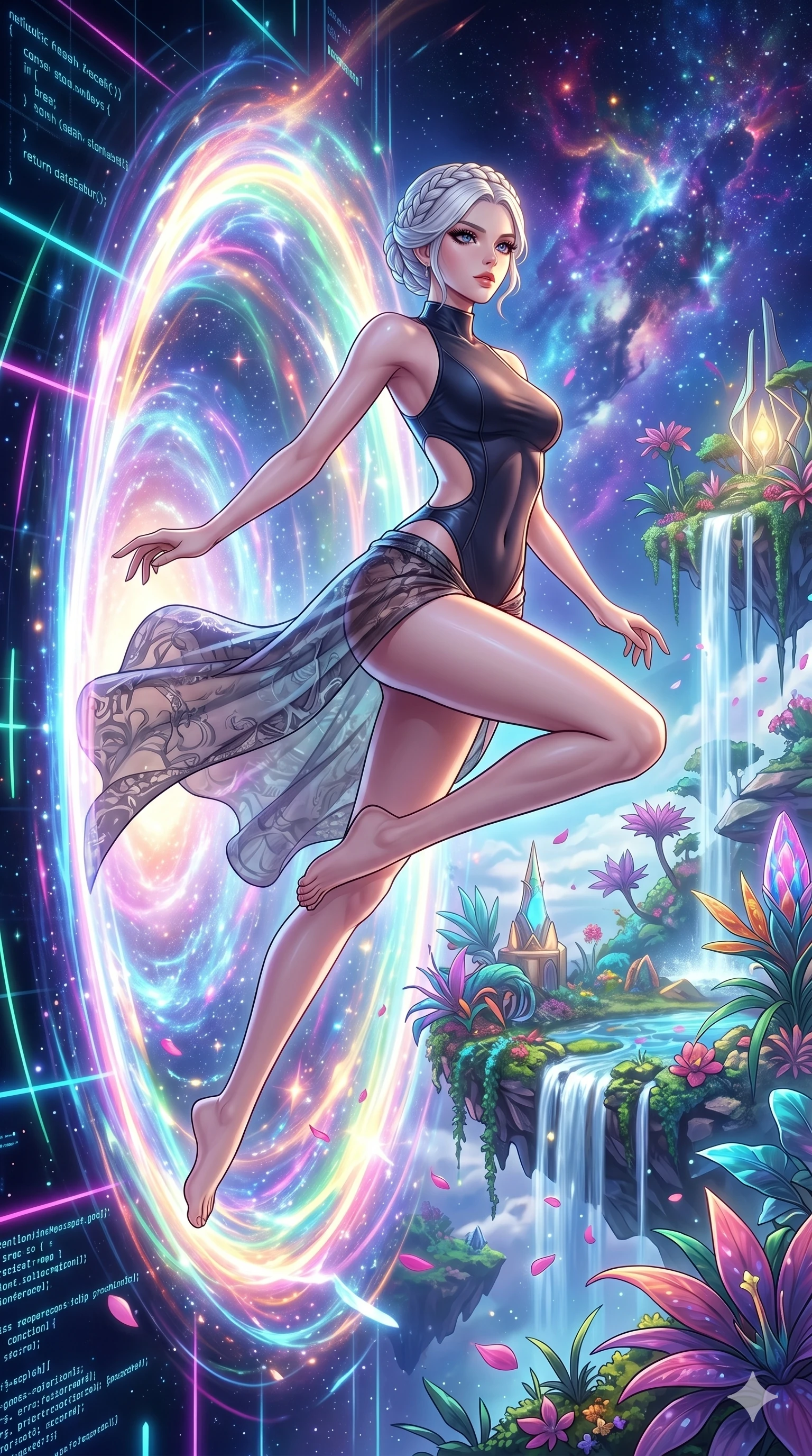 score_9, masterpiece, best quality, ultra-detailed, Set C: High-budget Anime Keyframe, Korean woman. Low angle cowboy shot filling the entire 9:16 frame with her statuesque presence. Leaping through a portal of swirling light and color into a celestial garden. She has an absolutely perfect 8-heads proportion, an exceptionally tall and slender female figure with elegant long slender legs and an slender waist. Sharp v-shaped jawline, high-bridge nose, intricate jewel-like eyes with depth, thick eyelashes, glossy lips. Wearing a Seasonal/Resort outfit: sleek one-piece with a sheer sarong and side cut-outs. Background is a bright and colorful transition between a digital void and a lush floating paradise. 2k, ultra detail, master piece, 9:16 ratio