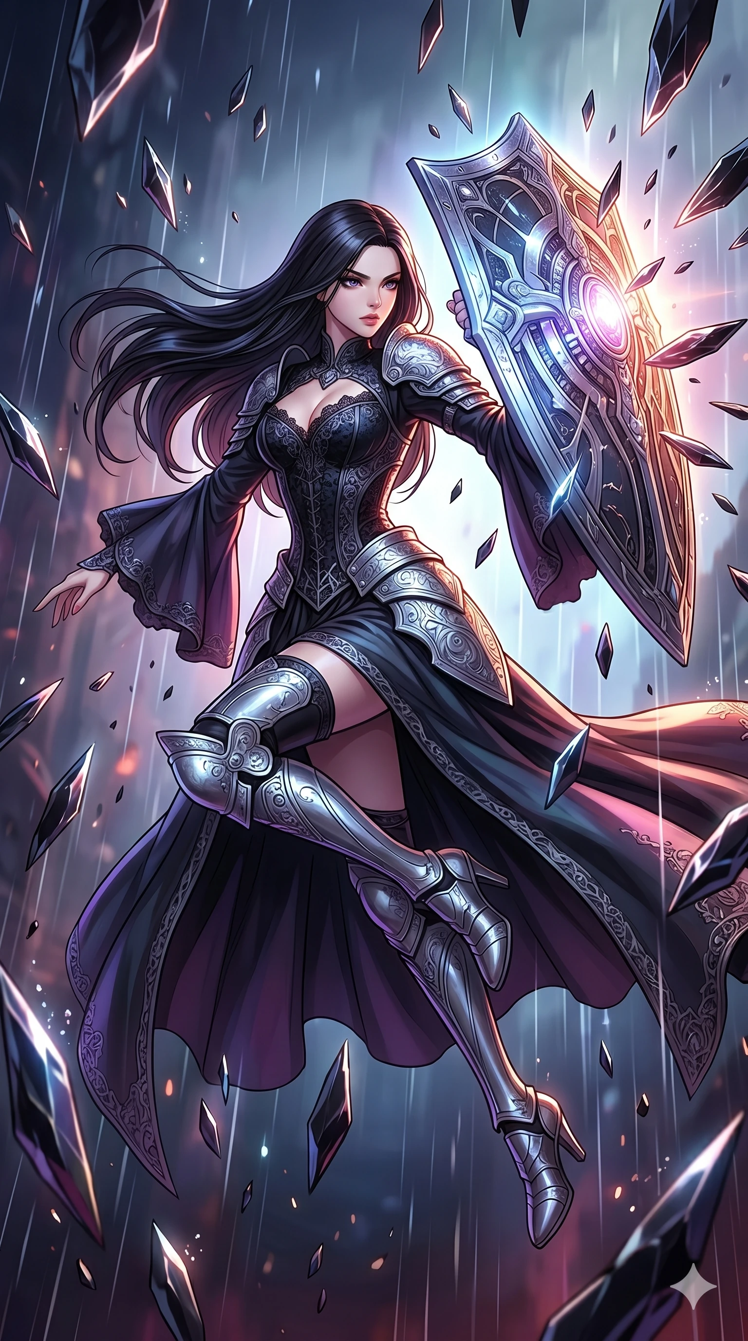 score_9, masterpiece, best quality, ultra-detailed, high-budget anime movie keyframe, cinematic anime lighting, intricate line art, Caucasian (strictly human ears) woman. Mid-air action shot capturing a graceful twist and vertical silhouette. deflecting a rain of obsidian shards with a glowing mechanical shield. She has an absolutely perfect 8-heads proportion, an exceptionally tall and slender female figure with an ultra-slim waist and impossibly long slender legs. strictly human anatomy, two legs only, no extra limbs, clearly defined legs and arms, perfect anatomy, perfect hands and fingers. sharp v-shaped jawline, high-bridge nose, intricate jewel-like eyes, thick eyelashes, glossy lips. Wearing Dark Fantasy: Gothic lace corset gown, bell-sleeved sorceress robes, and engraved silver plate armor over silk. The scene is illuminated by dramatic atmospheric lighting and vibrant color palettes. , 2k, ultra detail, master piece, 9:16 ratio
