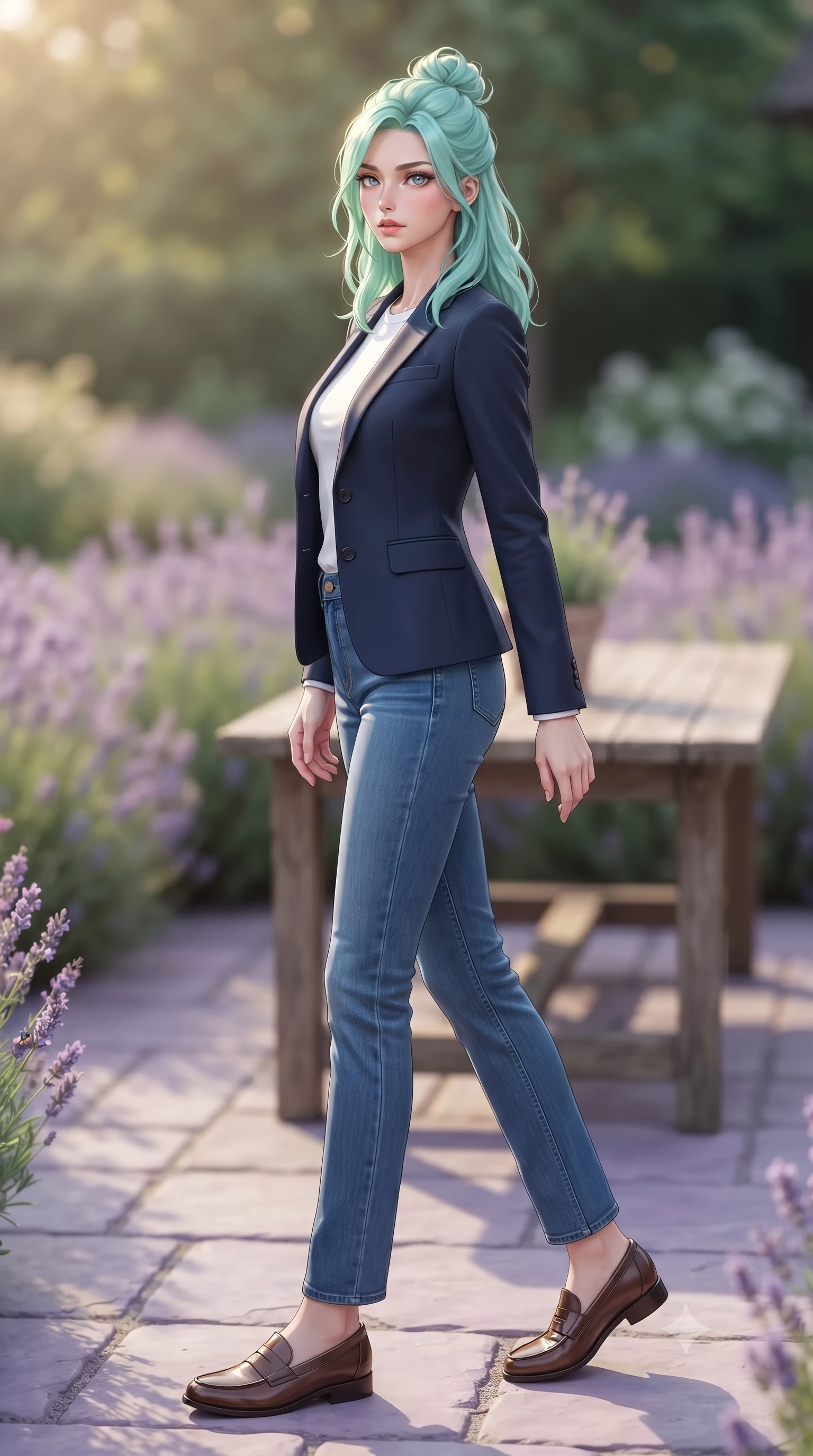 score_9, masterpiece, best quality, ultra-detailed, high-budget anime keyframe, editorial fashion photography, tasteful artistic composition, Japanese woman woman. low angle full-body shot from head to toe showing her feet, filling the entire 9:16 vertical frame with her statuesque presence, stretching her vertical silhouette. stepping gracefully while looking back over her shoulder, her dress draped tightly to reveal her silhouette the background shows a soft-focus a lavender-lined stone patio of a private country house, with a rustic wooden table. She has an absolutely perfect, statuesque 8.5-heads proportion, an exceptionally tall and slender model-like female figure with impossibly long slender legs and an ultra-slim waist. sharp v-shaped jawline, high-bridge nose, intricate jewel-like eyes with depth, thick eyelashes, glossy lips with a natural sheen. wearing a body-hugging classic navy blue blazer over a white crewneck shirt and straight-leg blue jeans. soft golden afternoon sunbeams, casting a peaceful country glow. ultra-reflective glossy finish, specular highlights, metallic sheen, high-contrast stereoscopic depth, volumetric dynamic lighting, 2k, ultra detail, master piece, 9:16 ratio