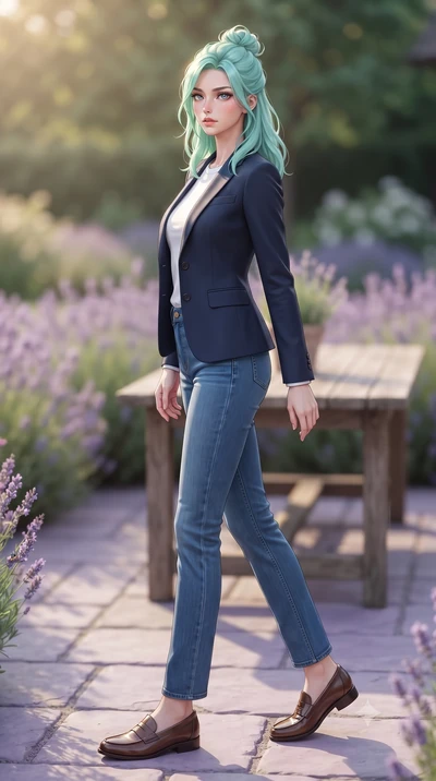 score_9, masterpiece, best quality, ultra-detailed, high-budget anime keyframe, editorial fashion photography, tasteful artistic composition, Japanese woman woman. low angle full-body shot from head to toe showing her feet, filling the entire 9:16 ve