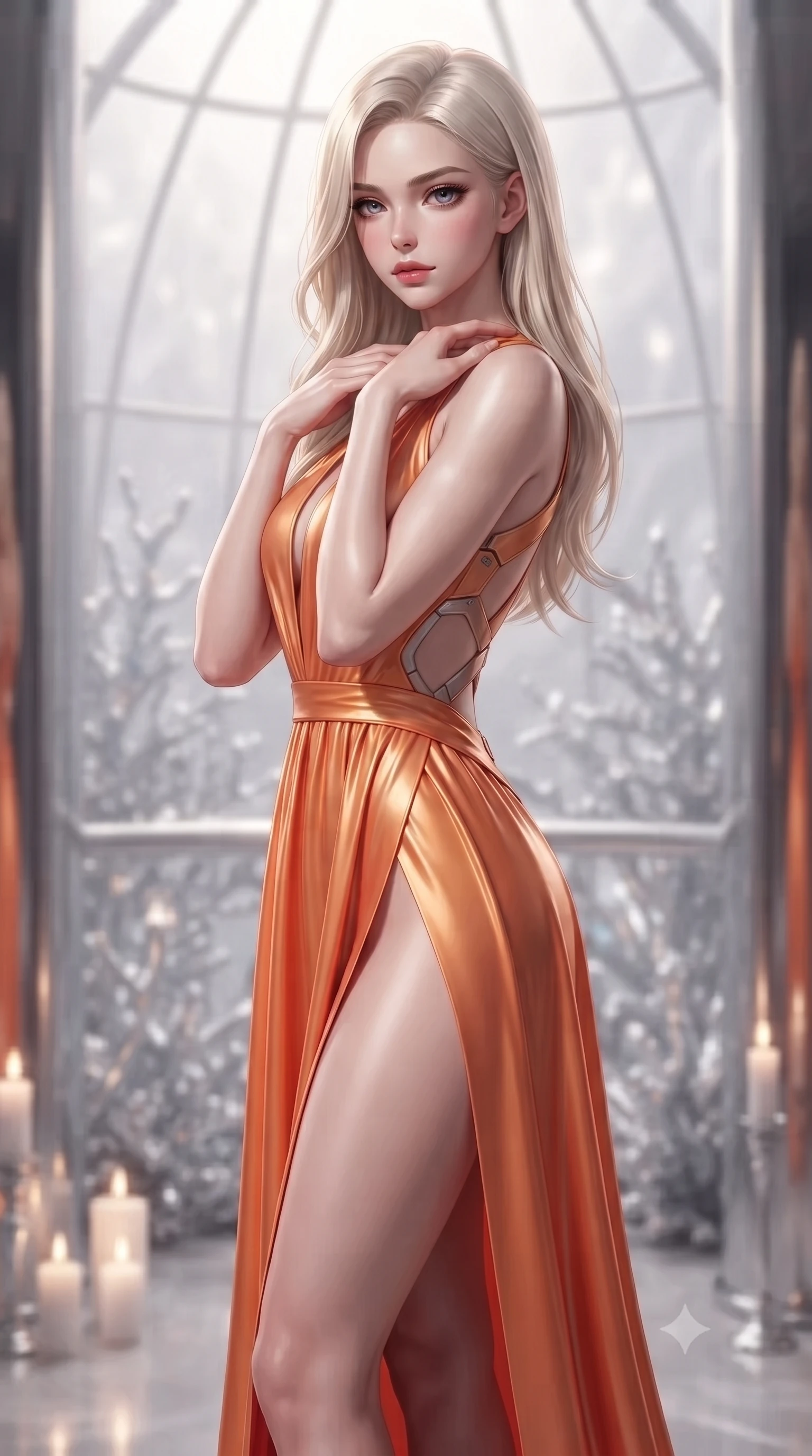 score_9, masterpiece, best quality, ultra-detailed, high-budget anime keyframe, editorial fashion photography, tasteful artistic composition, Caucasian woman. close-up cowboy shot from the waist and thighs up, the character dominates the composition, filling the frame with her large presence, background elements kept in soft focus. standing in a relaxed, elegant posture with both hands resting lightly on her collarbone, looking at the viewer with bedroom-eyes, the background shows a soft-focus a pearl dome balcony facing a forest of reflective silver corals in soft focus. She has an exceptionally elegant, slender, and willowy female figure with an ultra-slim waist, a gracefully sculpted slender torso, and a refined silhouette. sharp v-shaped jawline, high-bridge nose, intricate jewel-like eyes with depth, thick eyelashes, glossy lips with a natural sheen. wearing a tailored high-slit space combat gown in sunset orange chiffon, featuring a daring thigh-slit and an open-back design. soft flickering candle glow reflecting on polished chrome walls and her skin. ultra-reflective glossy finish, specular highlights, metallic sheen, high-contrast stereoscopic depth, volumetric dynamic lighting, 2k, ultra detail, master piece, 9:16 ratio