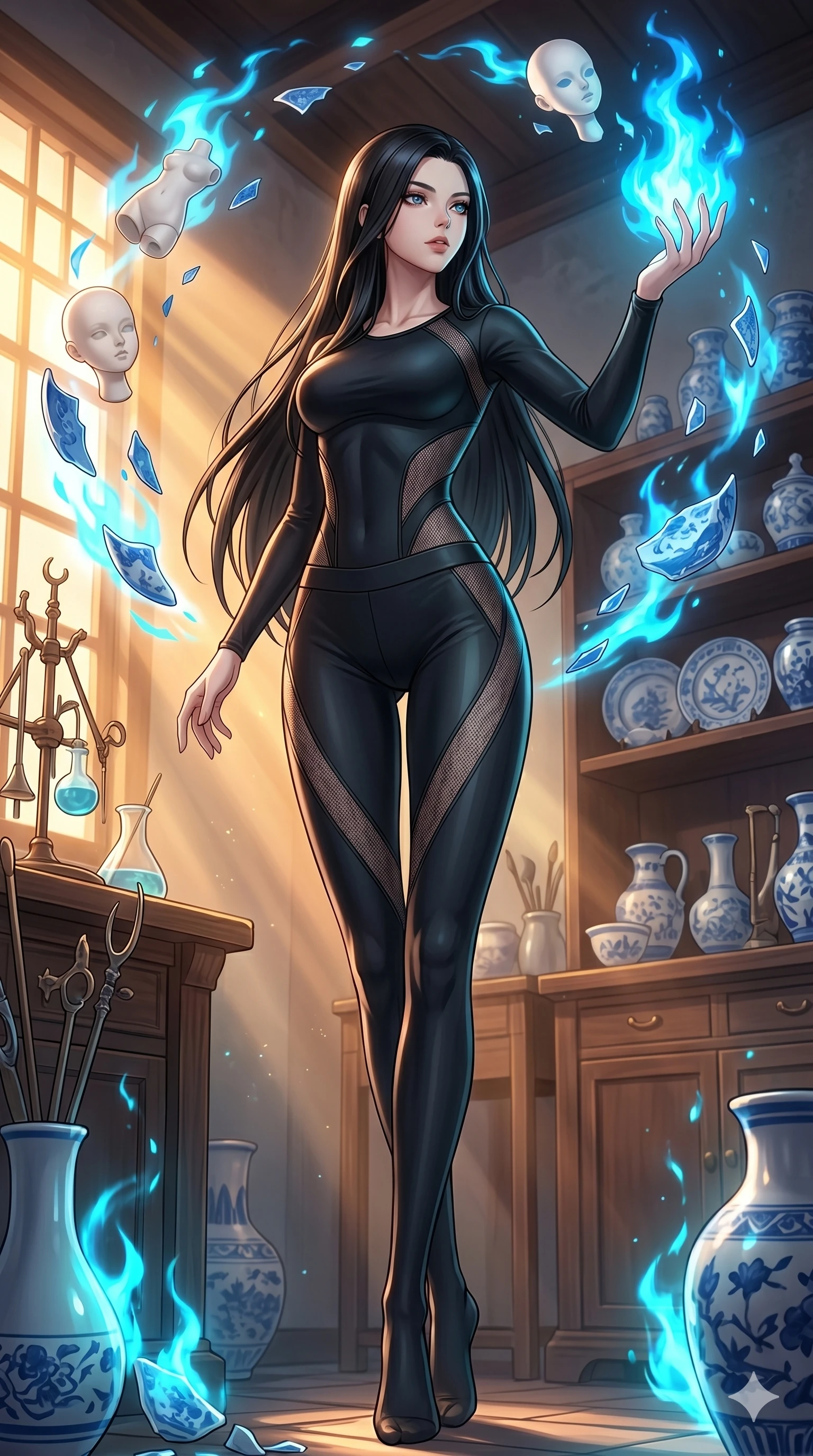 score_9, masterpiece, best quality, ultra-detailed, high-budget anime keyframe, Japanese woman. low angle full-body shot filling the entire 9:16 frame with her statuesque presence, stretching the vertical silhouette. assisting in an alchemical porcelain workshop where floating white bisque doll parts and blue porcelain shards swirl amidst blue alchemical flames. She has an absolutely perfect 8-heads proportion, an exceptionally tall and slender female figure with impossibly long slender legs and an ultra-slim waist. V-shaped jawline, high-bridge nose, intricate jewel-like eyes with depth, thick eyelashes, glossy lips with a natural sheen.. wearing a sheer mesh athleisure set, featuring a tight matte black top and leggings with semi-opaque mesh panels tracing the curves of her waist and thighs. showcasing a beautiful play of light and shadow, with warm golden rays clashing against cool cyan highlights. 2k, ultra detail, master piece, 9:16 ratio