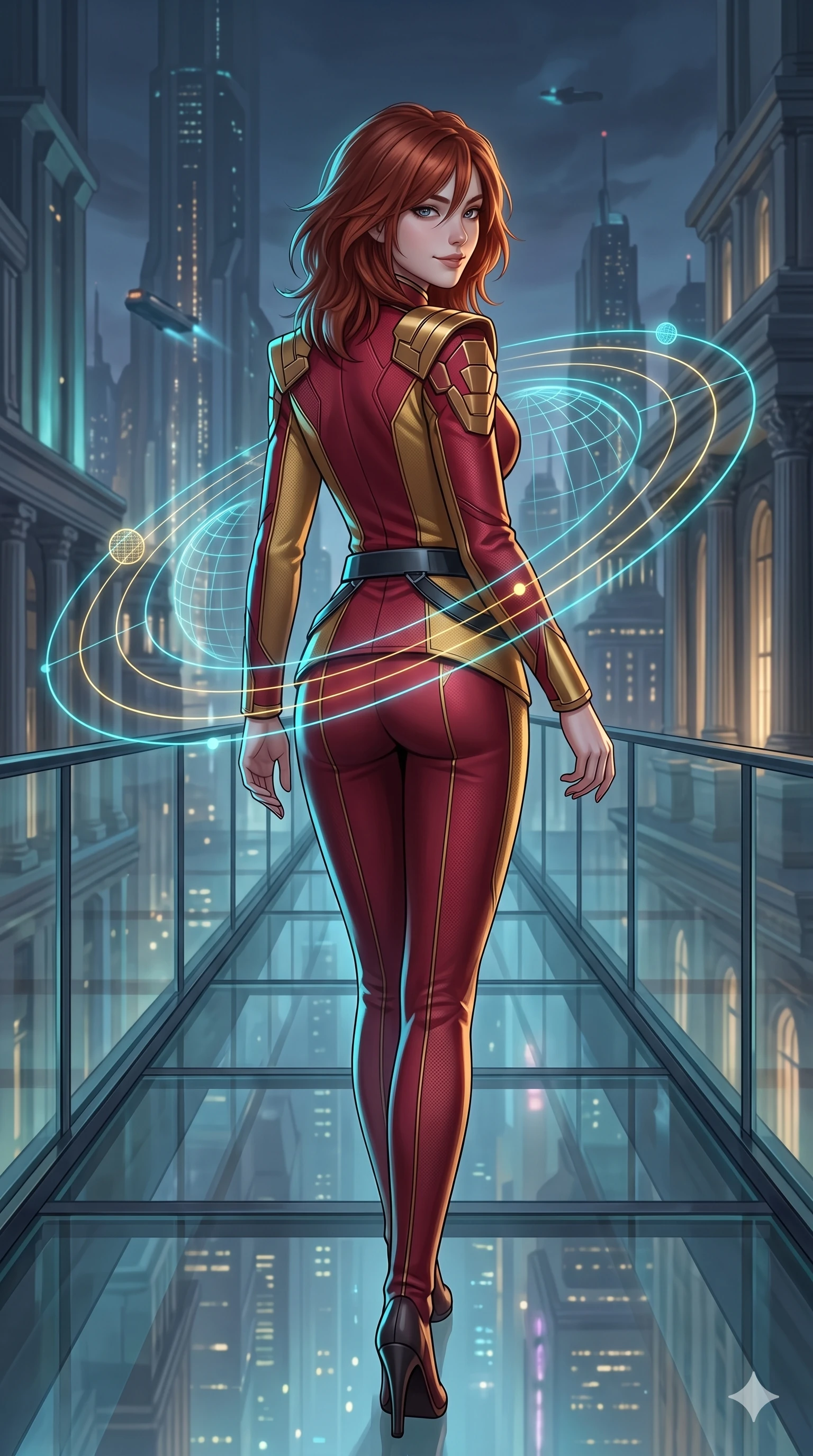 score_9, masterpiece, best quality, ultra-detailed, high-budget anime keyframe, semi-realistic 3D game render, editorial fashion photography, tasteful artistic composition, Korean woman. low angle full-body shot from head to toe showing her feet, filling the entire 9:16 vertical frame with her statuesque presence, stretching her vertical silhouette. walking slowly along the transparent glass skybridge, looking back over her shoulder with an air of effortless grace and an alluring, smoldering smile while twisting her slender torso in an alluring contrapposto stance, glowing holographic planetary grid lines tracing her narrow waist and curvy hips in cool cyan and gold. The surrounding environment is rendered in vivid detail and crisp panoramic clarity: detailed diplomatic catsuit tailoring, polished carbon-weave paneling, and monumental neoclassical sci-fi architecture in razor-sharp precision. She has an absolutely perfect, statuesque 8.5-heads proportion, an exceptionally tall and slender model-like female figure with impossibly long slender legs, an ultra-slim waist, a flat toned midriff, narrow delicate ribcage, and beautifully sculpted feminine hips creating a graceful, slim hourglass silhouette without any bulky heaviness. sharp v-shaped jawline, high-bridge nose, intricate jewel-like sparkling eyes with depth, thick eyelashes, glossy parted lips with a natural sheen, bright confident smile with an enchanting and coquettish sensual glint, exuding both youthful magnetic charm and sovereign high-tech allure, flawlessly proportioned anatomical accuracy, strict slender model proportions, natural body alignment, perfectly sculpted long slender limbs, ultra-slim waistline, clean dynamic posture without body distortion. wearing a bespoke orbital diplomatic uniform with structured geometric epaulets and a tailored waistline in relativistic crimson and blazing accretion gold, made of flexible bullet-resistant ballistic microfiber with high-tensile strength, accented with a sleek utility belt with polished magnetic canisters resting loosely on her curvy hips, the impeccably tailored cut draping gracefully along her slender figure with aristocratic poise. illuminated by polished black stone dais bounce and sharp gold-cyan rim lights sculpting her razor-sharp jawline, narrow waist, and curvy hips. highly saturated vibrant anime colors, detailed shading with soft gradients, rich glossy textures, high-contrast stereoscopic depth, volumetric dynamic lighting, master piece, 9:16 ratio