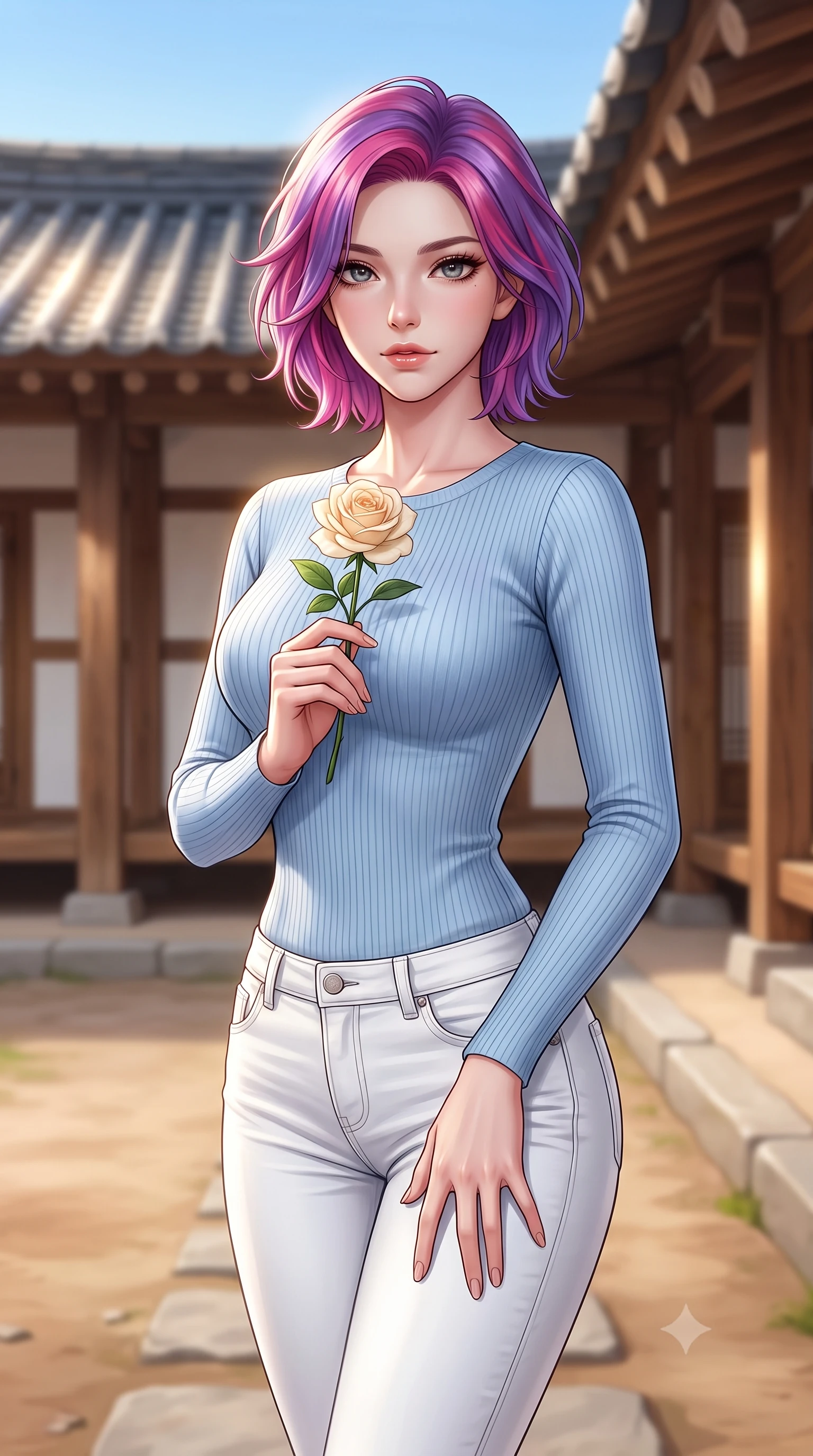 score_9, masterpiece, best quality, ultra-detailed, high-budget anime keyframe, editorial fashion photography, tasteful artistic composition, Caucasian woman woman. close-up cowboy shot from the waist and thighs up, the character dominates the composition, filling the frame with her large presence, background elements kept in soft focus. gazing directly at the viewer with a calm and welcoming expression, holding a fresh flower the background shows a soft-focus a quiet clay-and-stone courtyard of a traditional Korean hanok house under a blue sky. She has an exceptionally elegant, slender, and willowy female figure with an ultra-slim waist, a gracefully sculpted slender torso, and a refined silhouette. sharp v-shaped jawline, high-bridge nose, intricate jewel-like eyes with depth, thick eyelashes, glossy lips with a natural sheen. wearing a form-contouring body-hugging light blue ribbed long-sleeve top paired with tight white denim pants. bright afternoon sunlight reflecting off the tiled roof and wooden pillars. 2k, ultra detail, master piece, 9:16 ratio