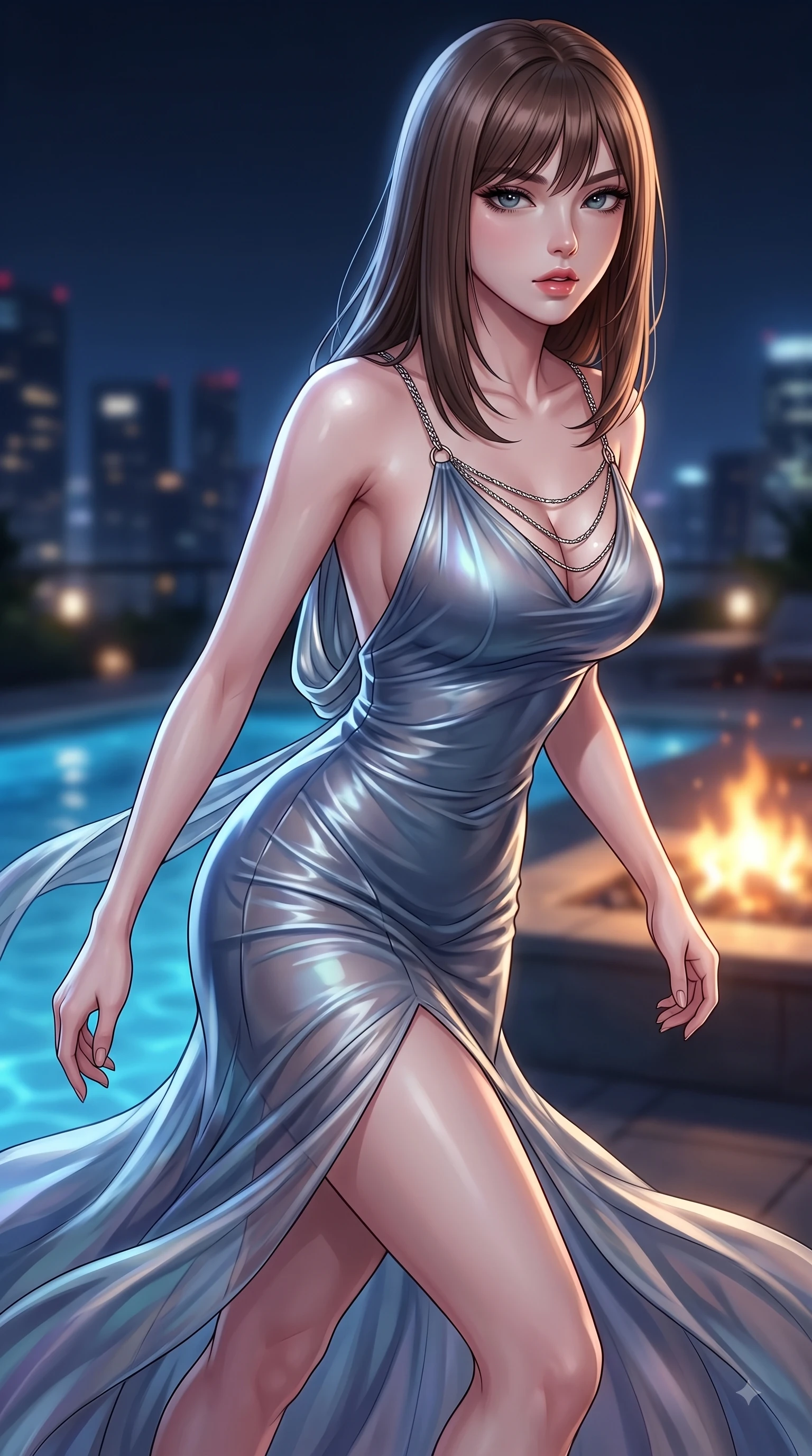 score_9, masterpiece, best quality, ultra-detailed, high-budget anime keyframe, editorial fashion photography, tasteful artistic composition, Korean woman. close-up cowboy shot from the waist and thighs up, the character dominates the composition, filling the frame with her large presence, background elements kept in soft focus. Leaning forward gracefully with lips parted, casting a smoldering magnetic gaze directly into the lens while stepping along a private pool terrace as gentle night breezes flutter her translucent gossamer gown, soft moonlight tracing her slender shoulder, graceful clavicle, and contoured waistline elegantly. She has an exceptionally elegant, slender, and willowy female figure with an ultra-slim waist, a gracefully sculpted slender torso, and a refined silhouette. sharp v-shaped jawline, high-bridge nose, intricate jewel-like eyes with depth, thick eyelashes, glossy lips with a natural sheen, flawlessly proportioned anatomical accuracy, natural body alignment, perfectly sculpted elegant limbs, clean dynamic posture without body distortion. wearing a precision-fitted liquid jersey bodycon dress with a graceful draped back in slate blue and metallic silver, crafted from iridescent chiffon that shifts colors in the light, adorned with delicate metallic chain straps along the neckline, the glove-like fit emphasizing her statuesque silhouette during motion. illuminated by glowing hearth embers and dramatic city night rim light. highly saturated vibrant anime colors, detailed shading with soft gradients, rich glossy textures, high-contrast stereoscopic depth, volumetric dynamic lighting, master piece, 9:16 ratio