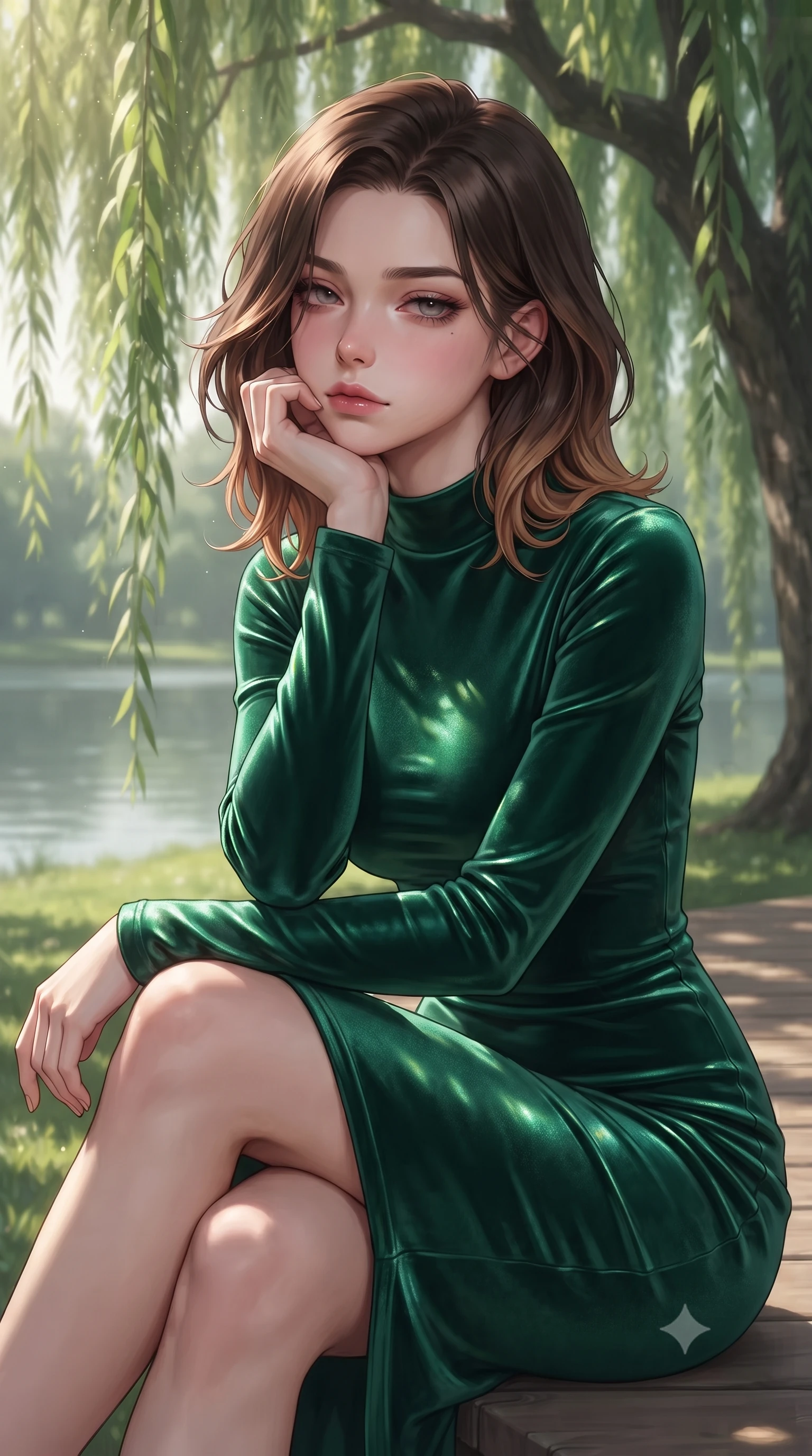 score_9, masterpiece, best quality, ultra-detailed, high-budget anime keyframe, editorial fashion photography, tasteful artistic composition, Korean woman woman. close-up cowboy shot from the waist and thighs up, the character dominates the composition, filling the frame with her large presence, background elements kept in soft focus. resting her chin on the backs of her fingers, casting a heavy-lidded, sultry look past the camera the background shows a soft-focus a wooden deck under a large weeping willow tree near a calm lake in a private park. She has an exceptionally elegant, slender, and willowy female figure with an ultra-slim waist, a gracefully sculpted slender torso, and a refined silhouette. sharp v-shaped jawline, high-bridge nose, intricate jewel-like eyes with depth, thick eyelashes, glossy lips with a natural sheen. wearing a form-contouring body-hugging emerald green velvet dress with a simple mock-neck collar. dappled sunbeams filtering through the willow leaves onto the grass. ultra-reflective glossy finish, specular highlights, metallic sheen, high-contrast stereoscopic depth, volumetric dynamic lighting, 2k, ultra detail, master piece, 9:16 ratio