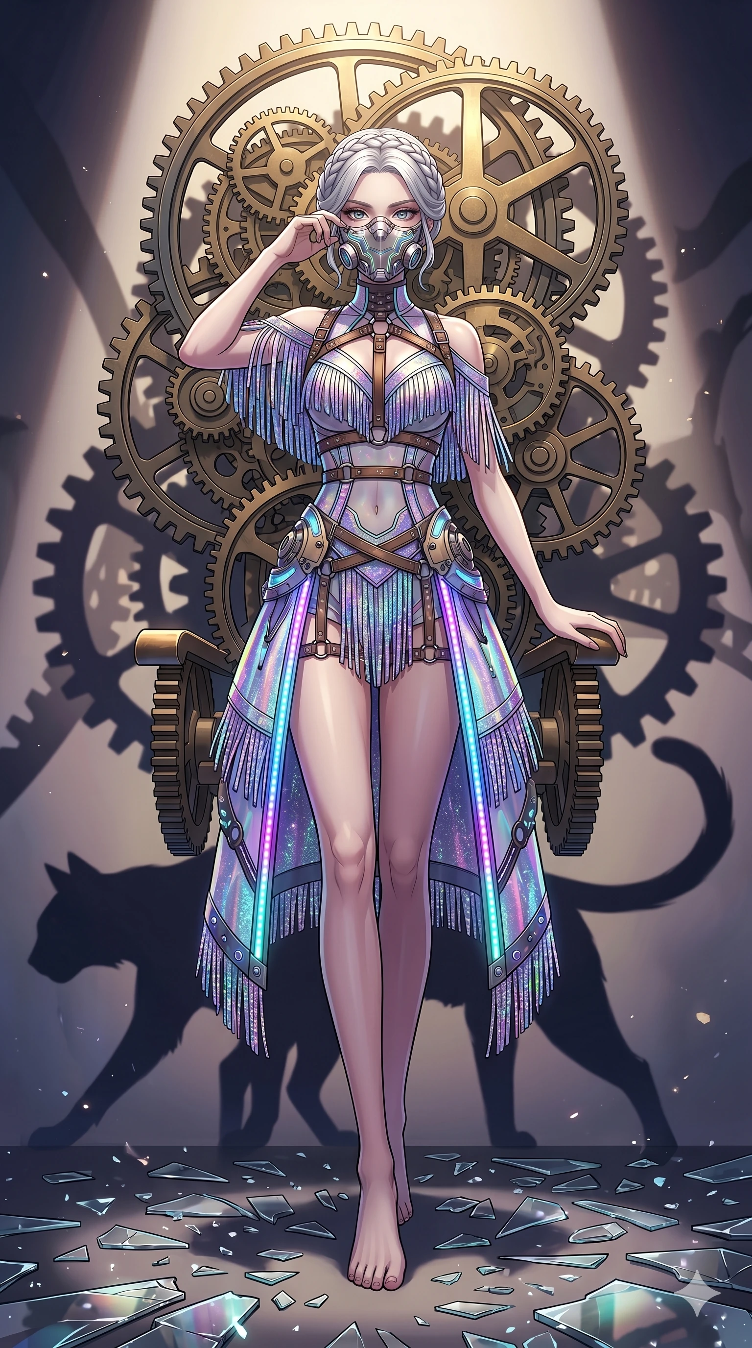 score_9, masterpiece, best quality, ultra-detailed, Set A: High-budget Anime Keyframe, Japanese woman. Low angle cowboy shot filling the entire 9:16 frame with her statuesque presence. Adjusting a mask through a throne of gears, while her shadow mimics the movements of a predator 195 and surrounded by shattered glass fragments. She has an absolutely perfect 8-heads proportion, an exceptionally tall and slender female figure with impossibly long slender legs and an ultra-slim waist. Sharp v-shaped jawline, high-bridge nose, intricate jewel-like eyes with depth, thick eyelashes, glossy lips with a natural sheen. Wearing Cyberpunk idol stage outfit with glittery fringes, leather straps, and glowing LED accents. Cinematic lighting, vibrant colors, dramatic shadows, 2k, ultra detail, master piece, 9:16 ratio