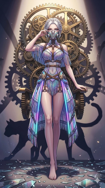 score_9, masterpiece, best quality, ultra-detailed, Set A: High-budget Anime Keyframe, Japanese woman. Low angle cowboy shot filling the entire 9:16 frame with her statuesque presence. Adjusting a mask through a throne of gears, while her shadow mimi